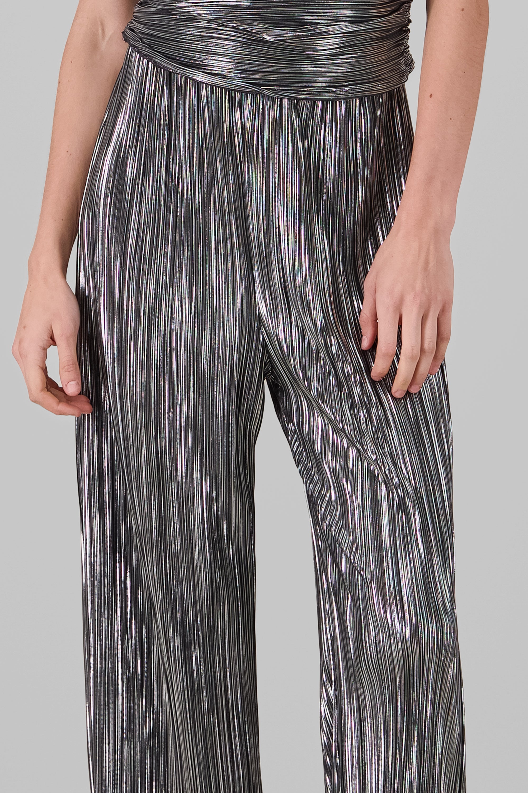 Wide Leg Metallic Pleated Pants SILVER