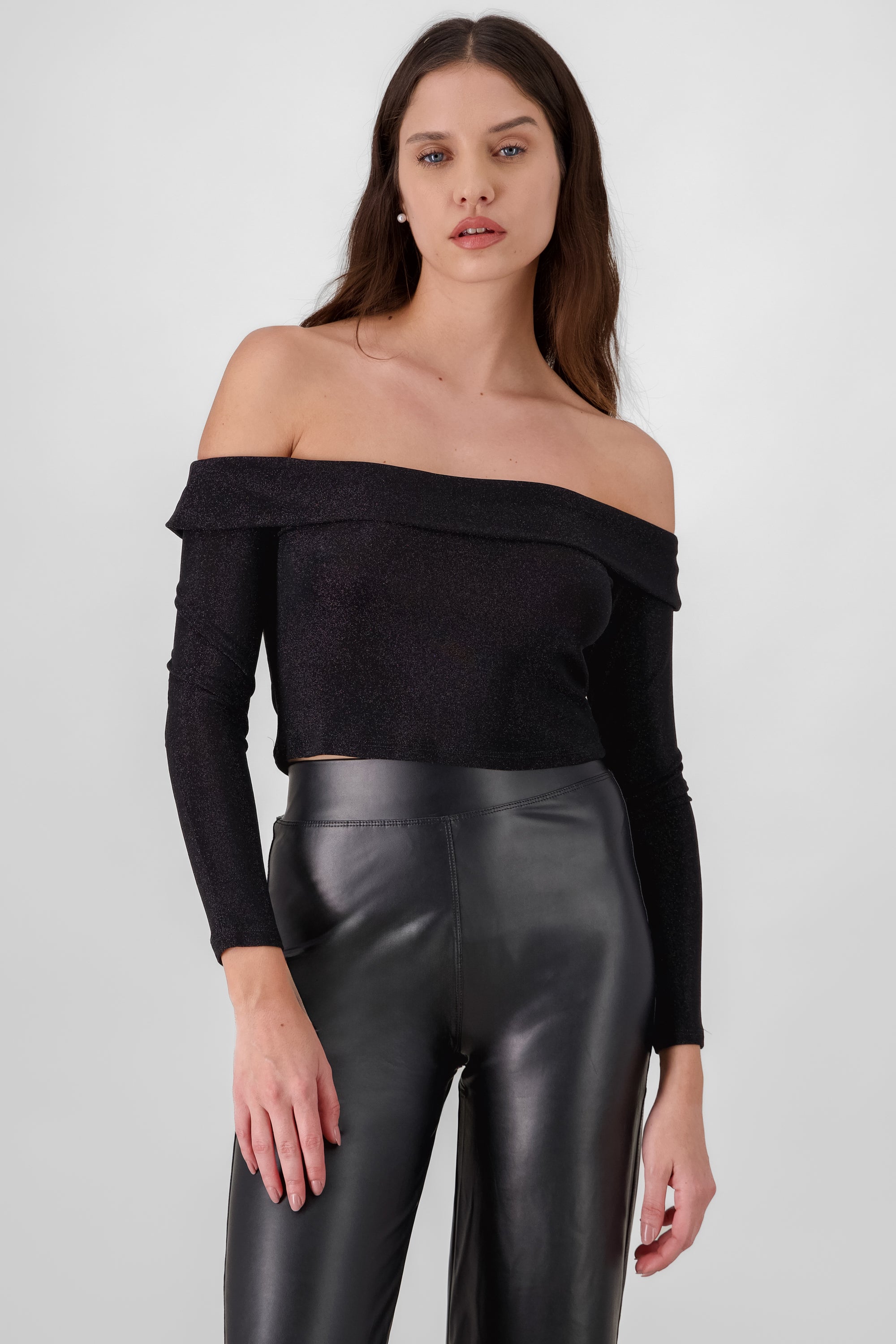 Long Sleeve Off Shoulder Glitter Top BLACK