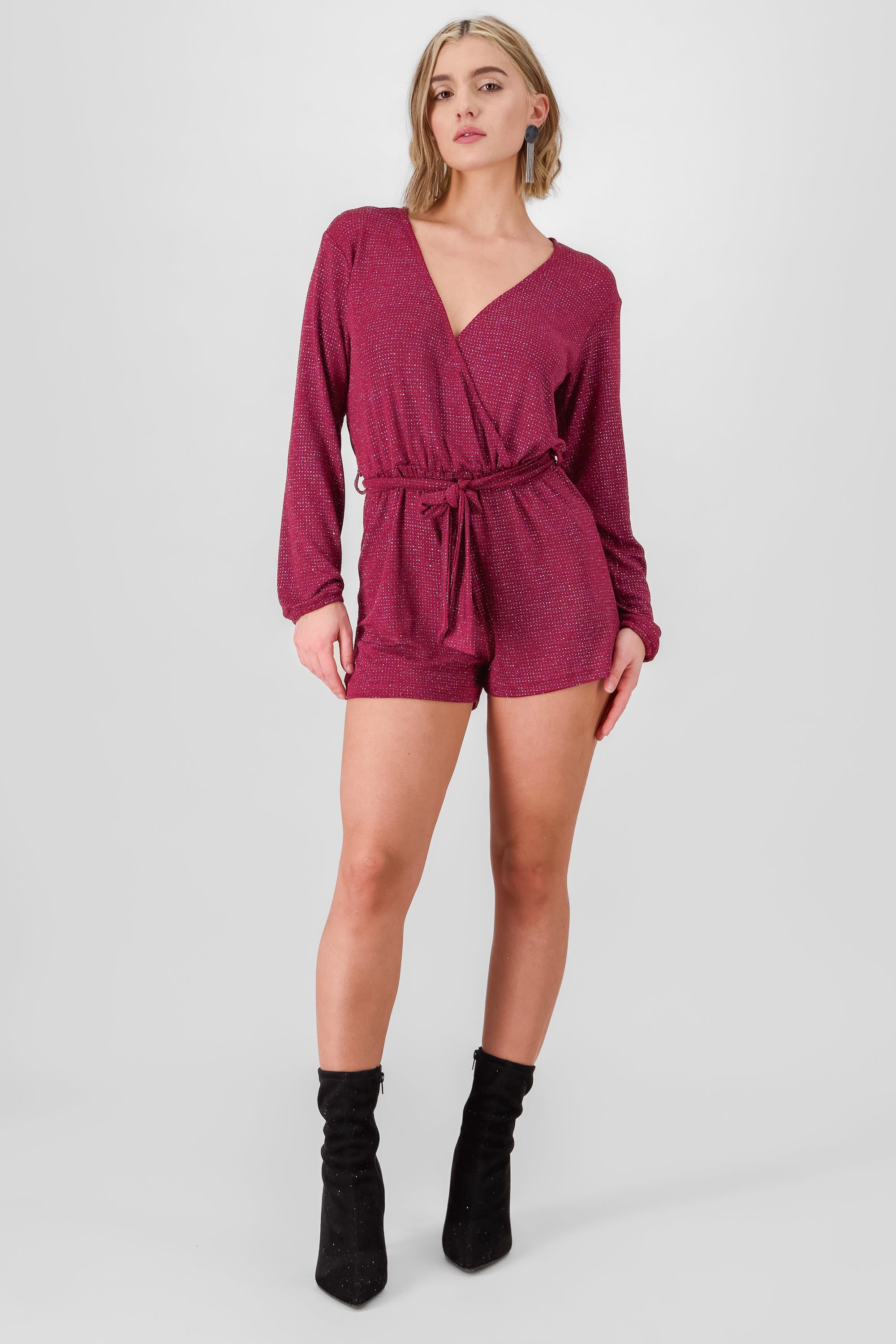 Long Sleeve Glitter Romper BURGUNDY