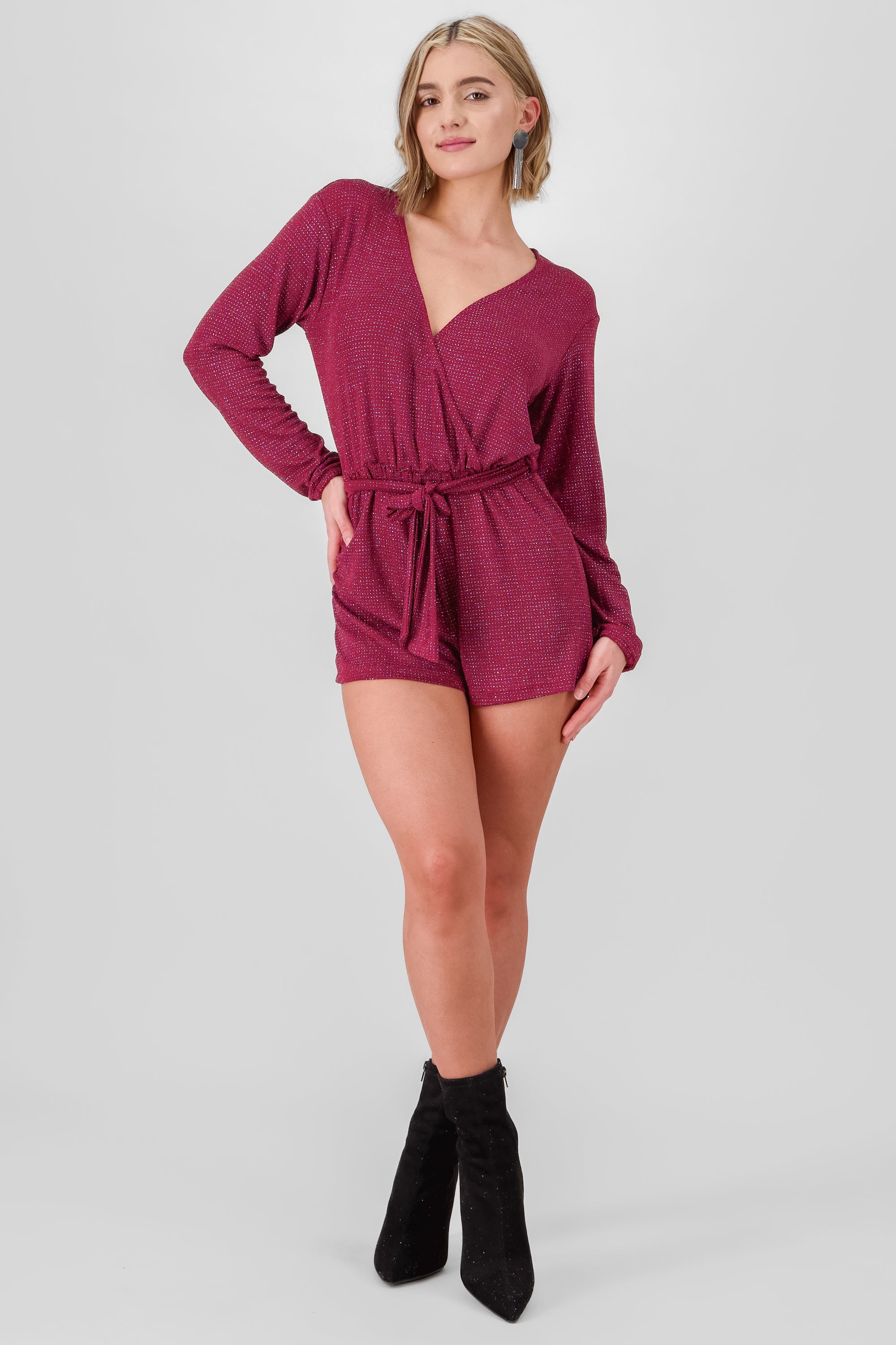 Long Sleeve Glitter Romper BURGUNDY