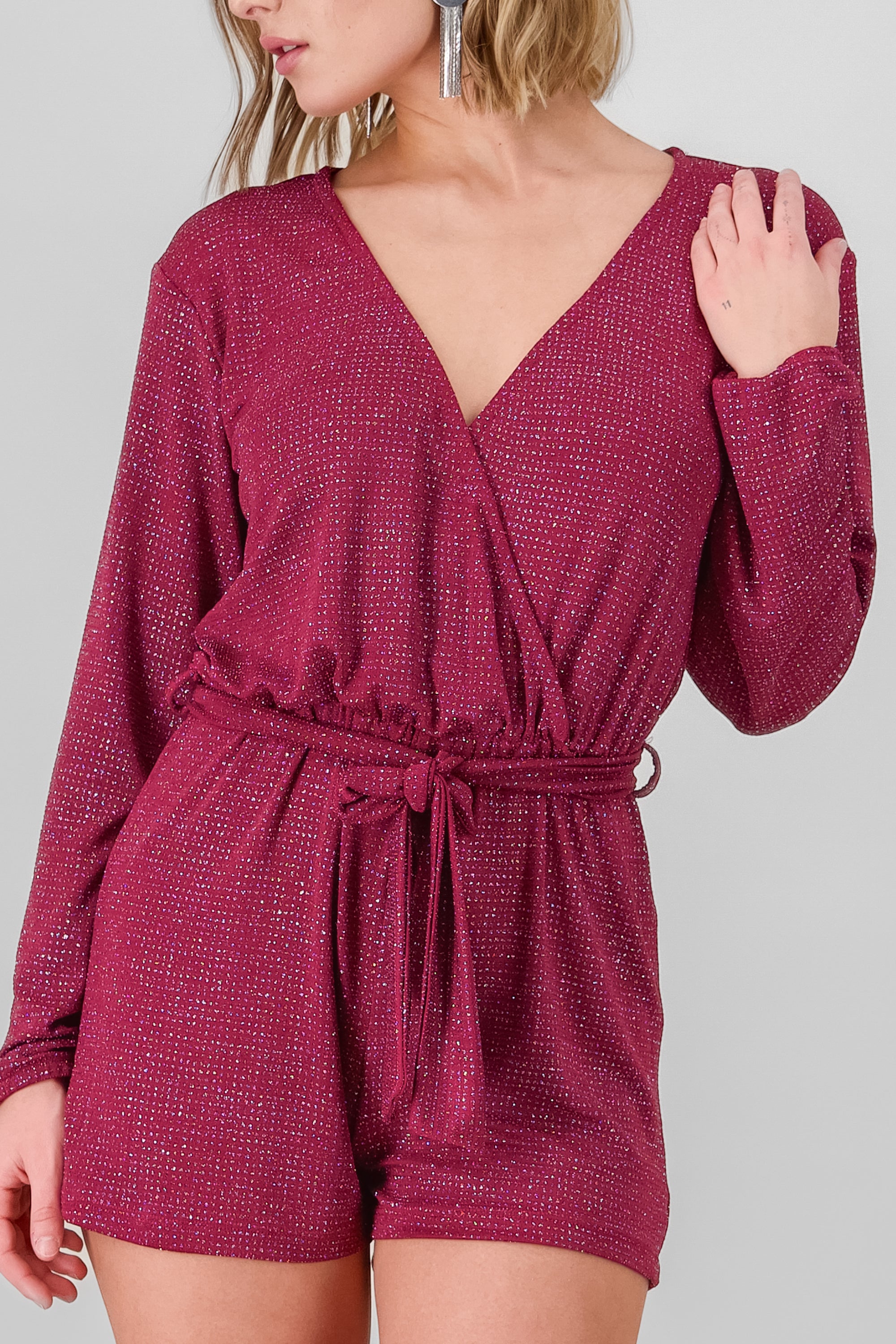 Long Sleeve Glitter Romper BURGUNDY