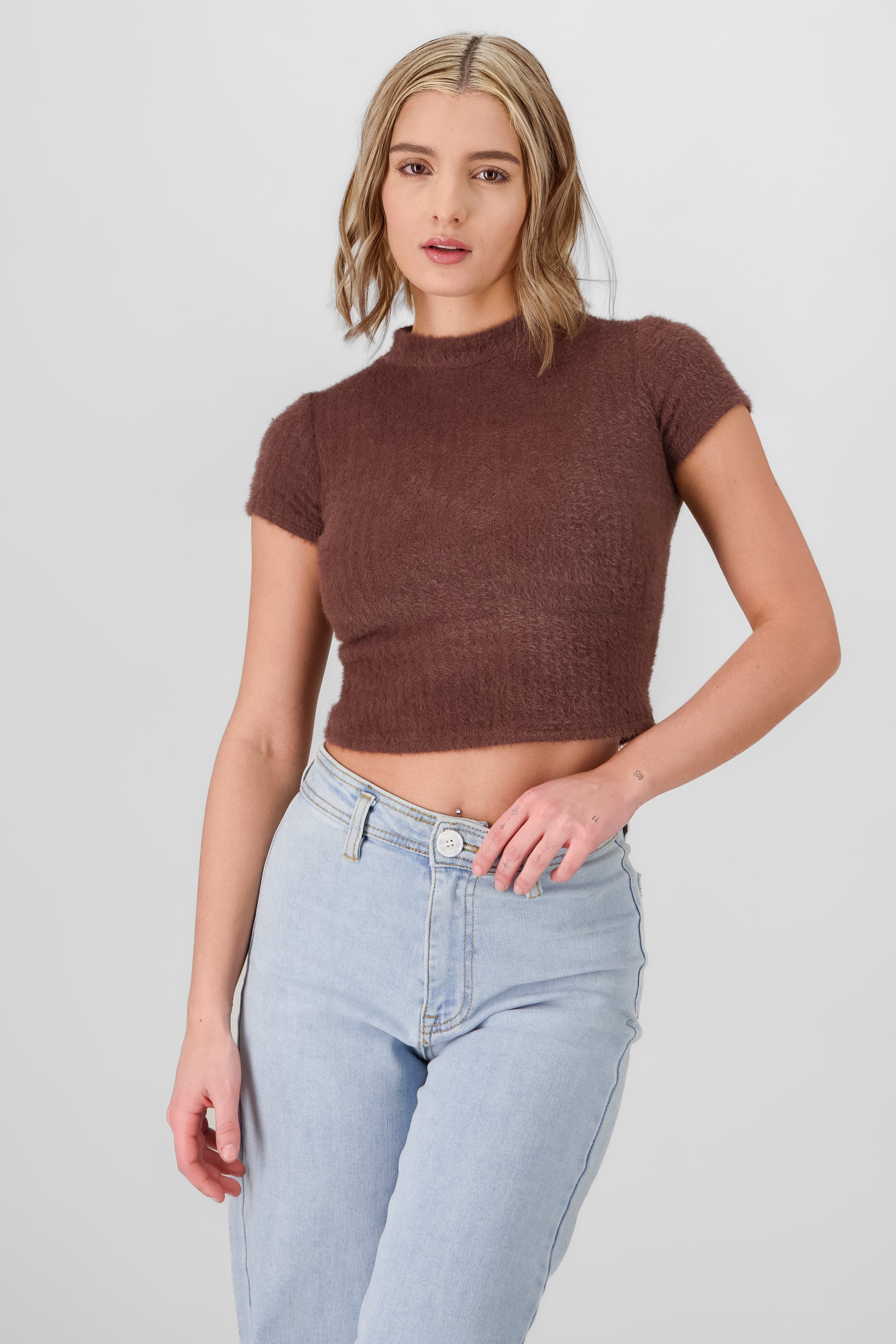 Knitted Short Sleeve Top CHOCOLATE