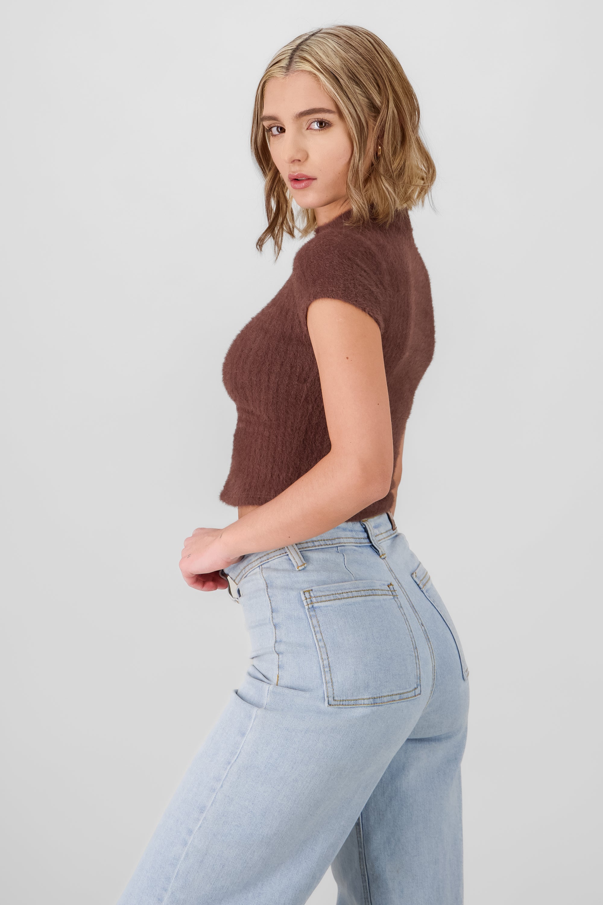 Knitted Short Sleeve Top CHOCOLATE