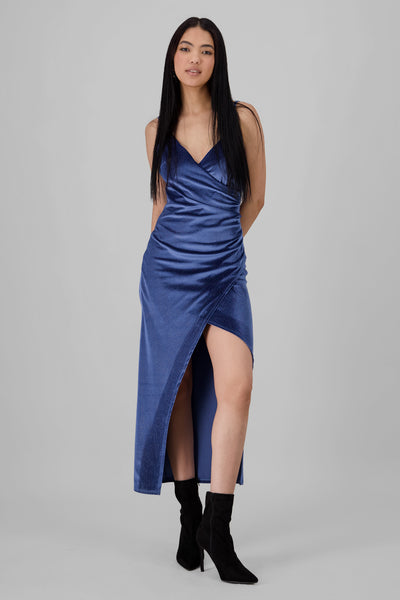 Velvet Strappy Midi Dress BLUE