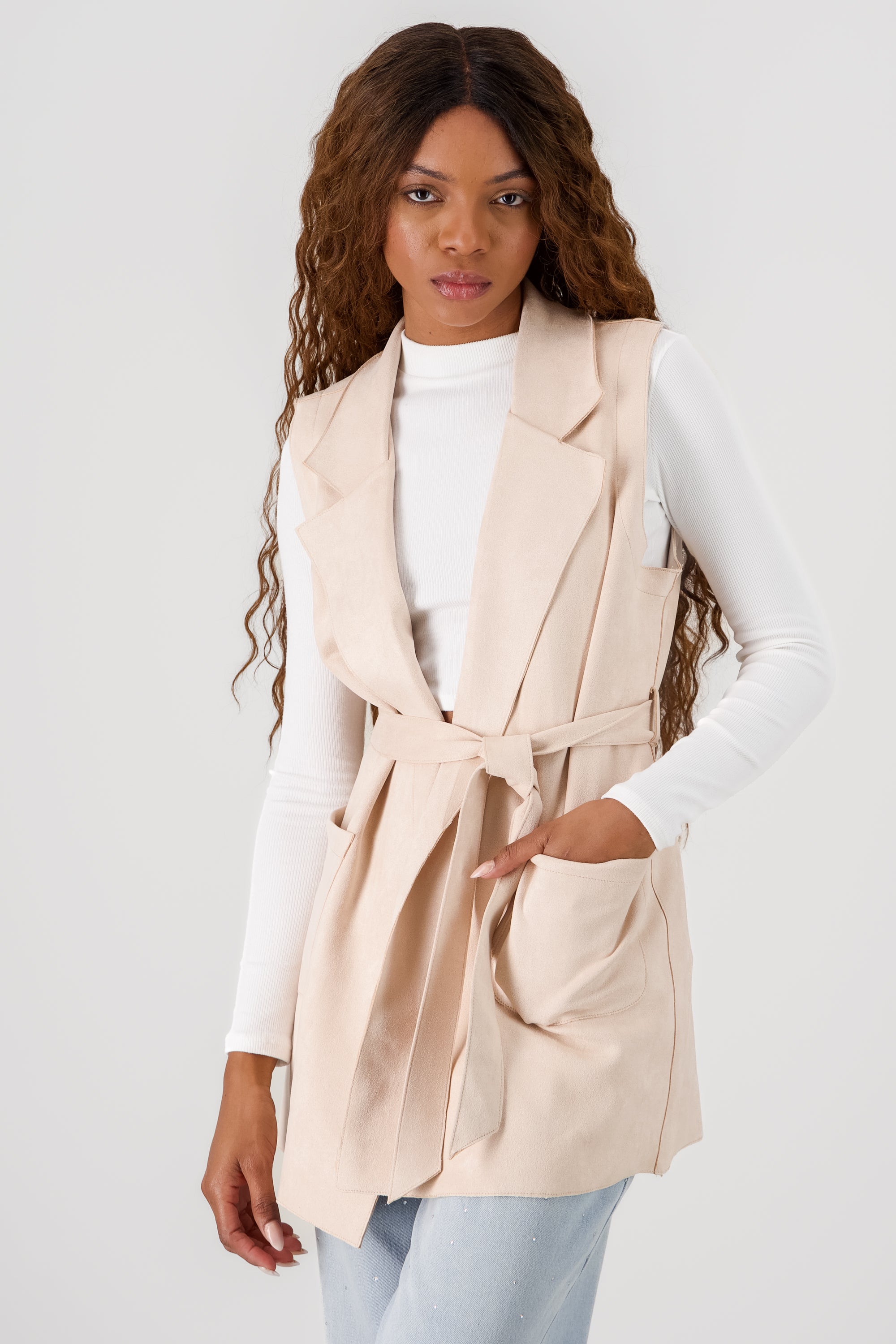 Suede Coat with Belt Detail BEIGE