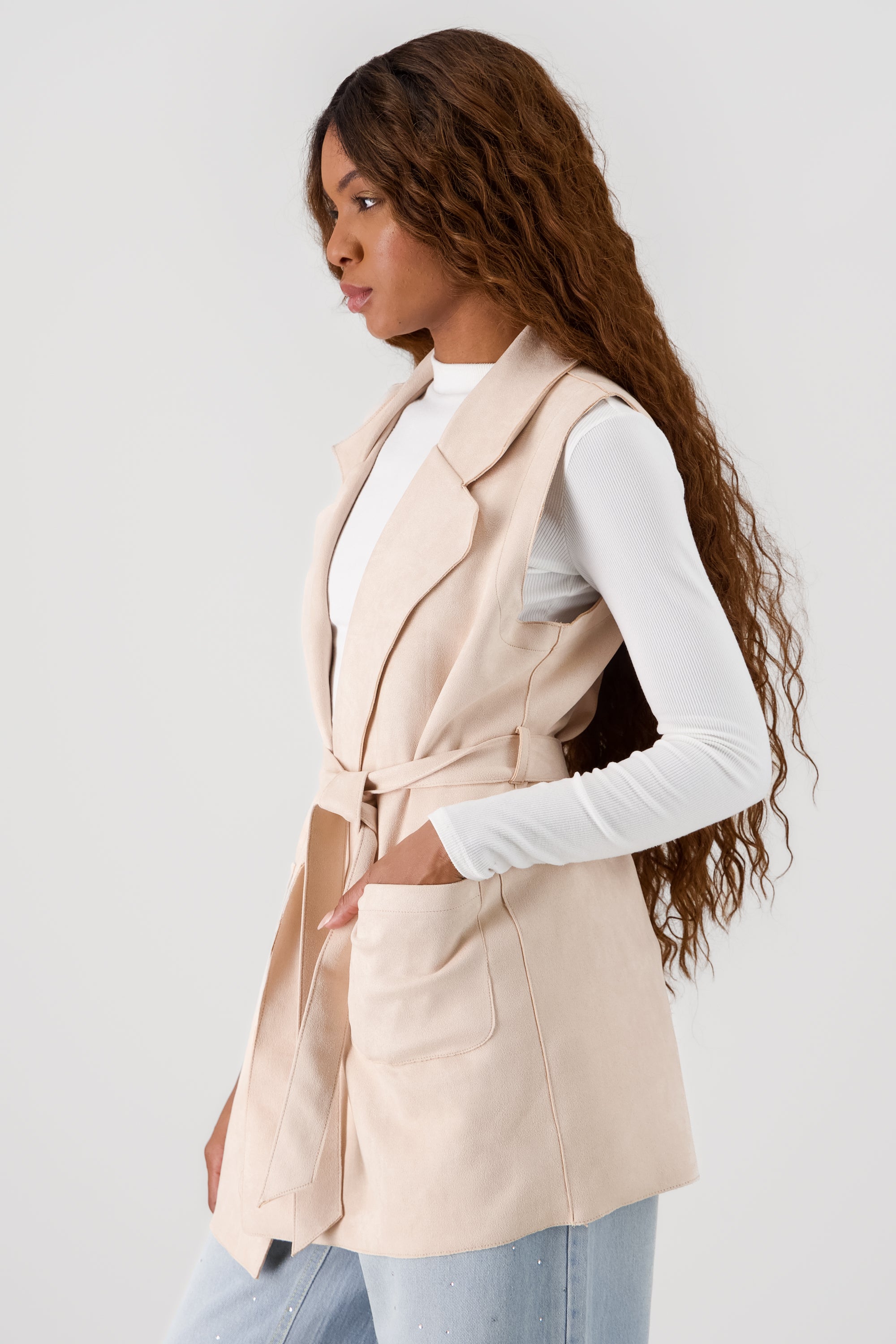 Suede Coat with Belt Detail BEIGE