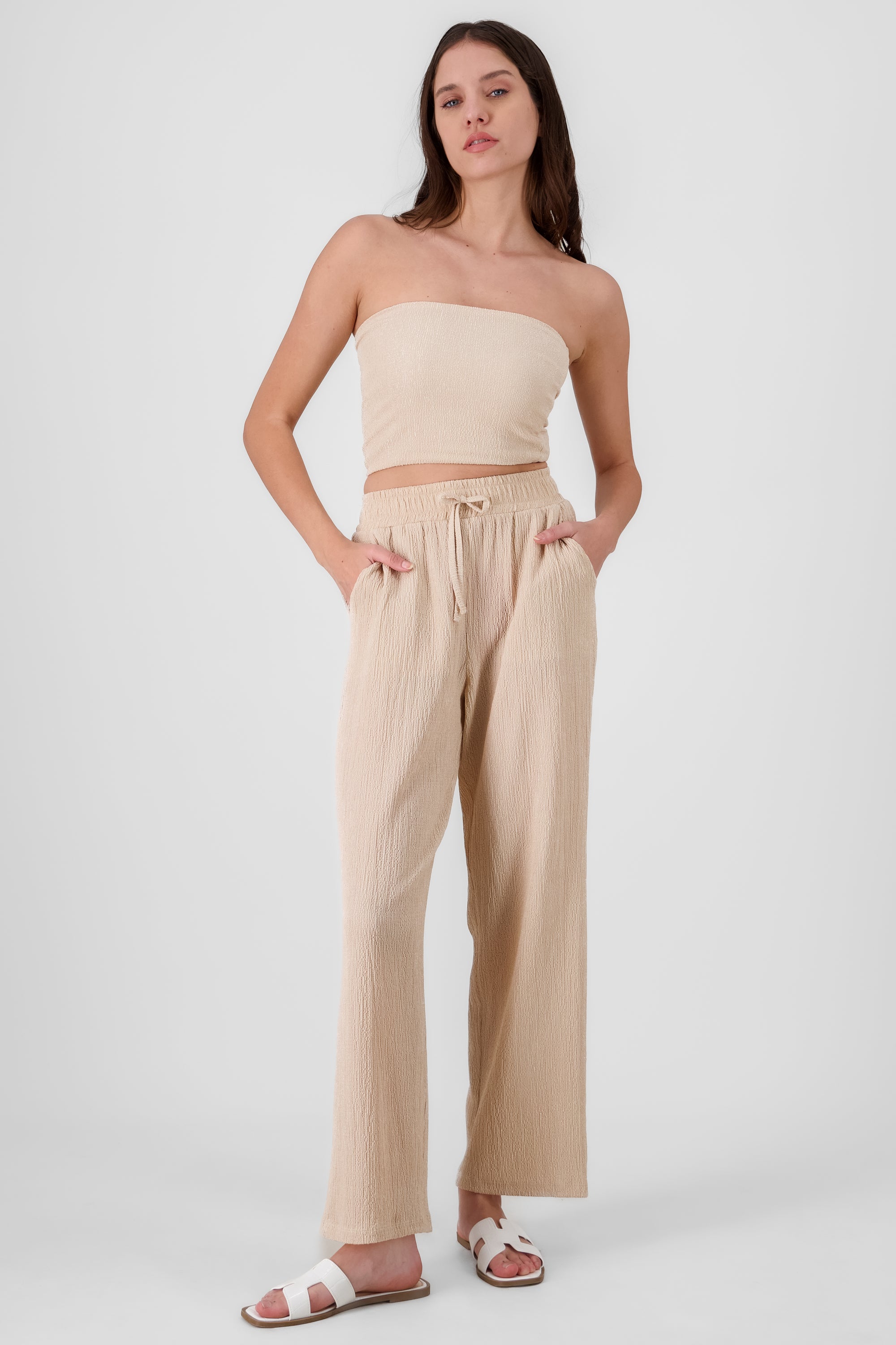 Textured Drawstring Pants BEIGE