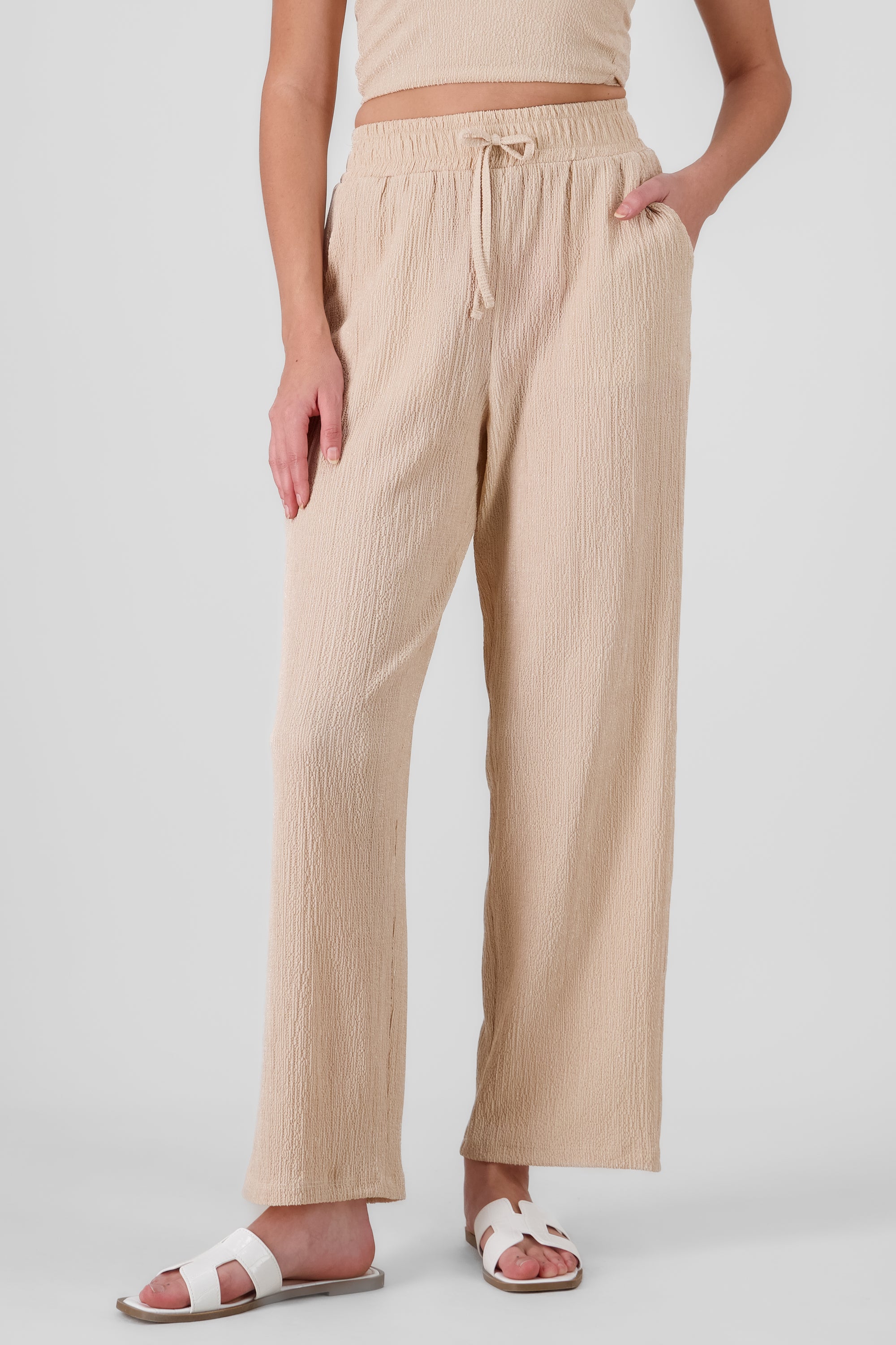 Textured Drawstring Pants BEIGE