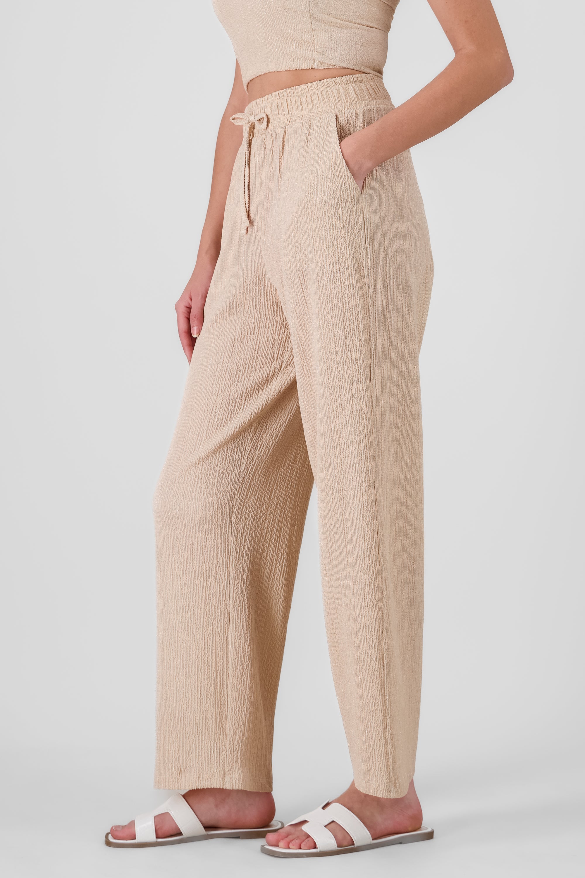 Textured Drawstring Pants BEIGE