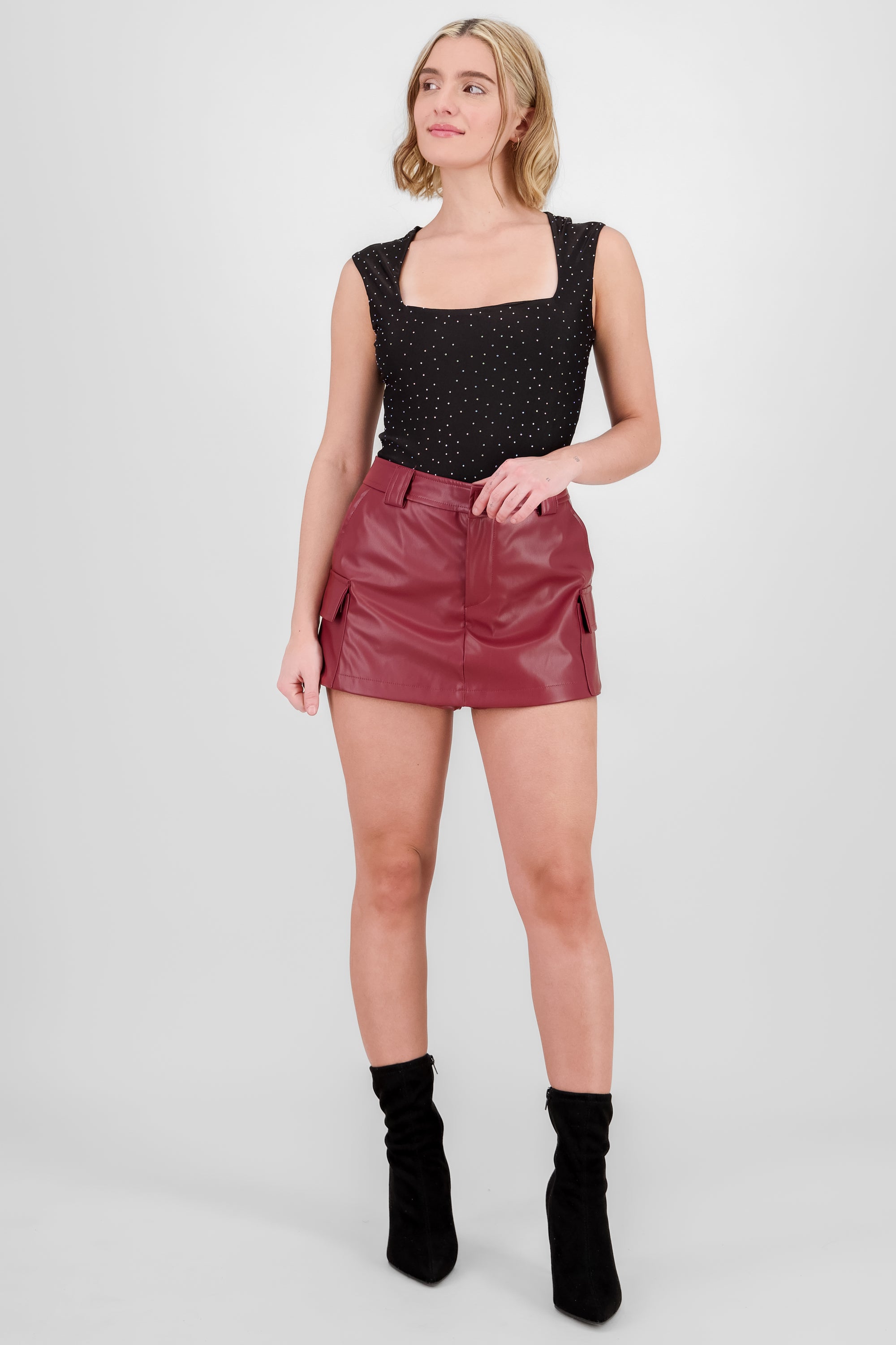 Solid Faux Leather Shorts BURGUNDY