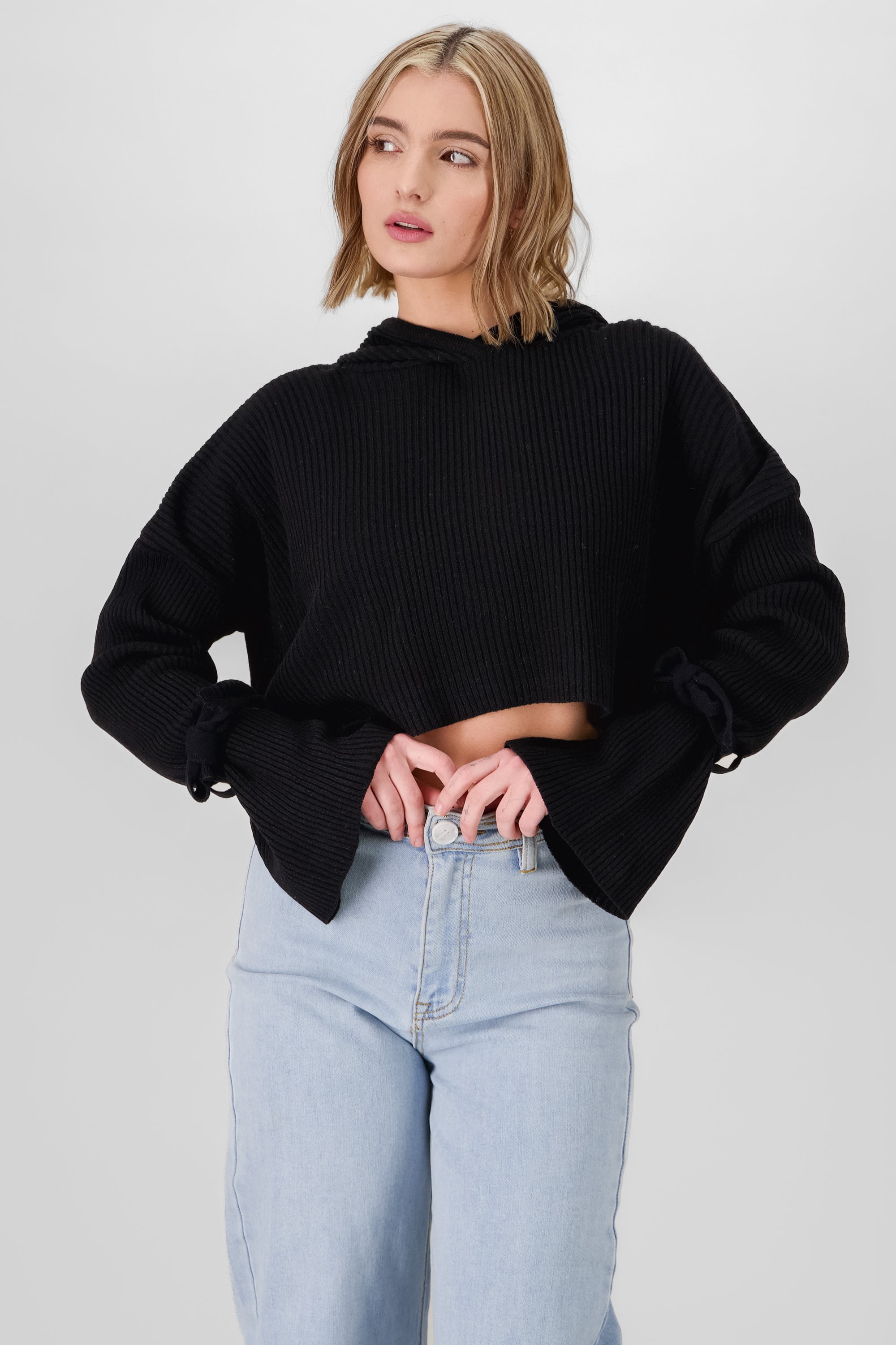 Knitted Sweatshirt with Bow Detail BLACK