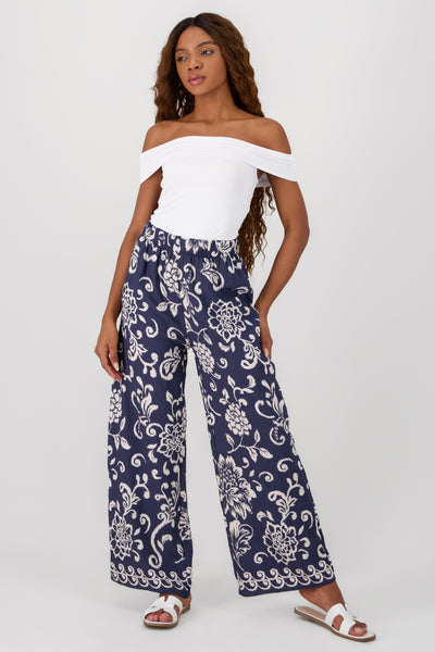 Wide Leg Floral Print Pants NAVY COMBO