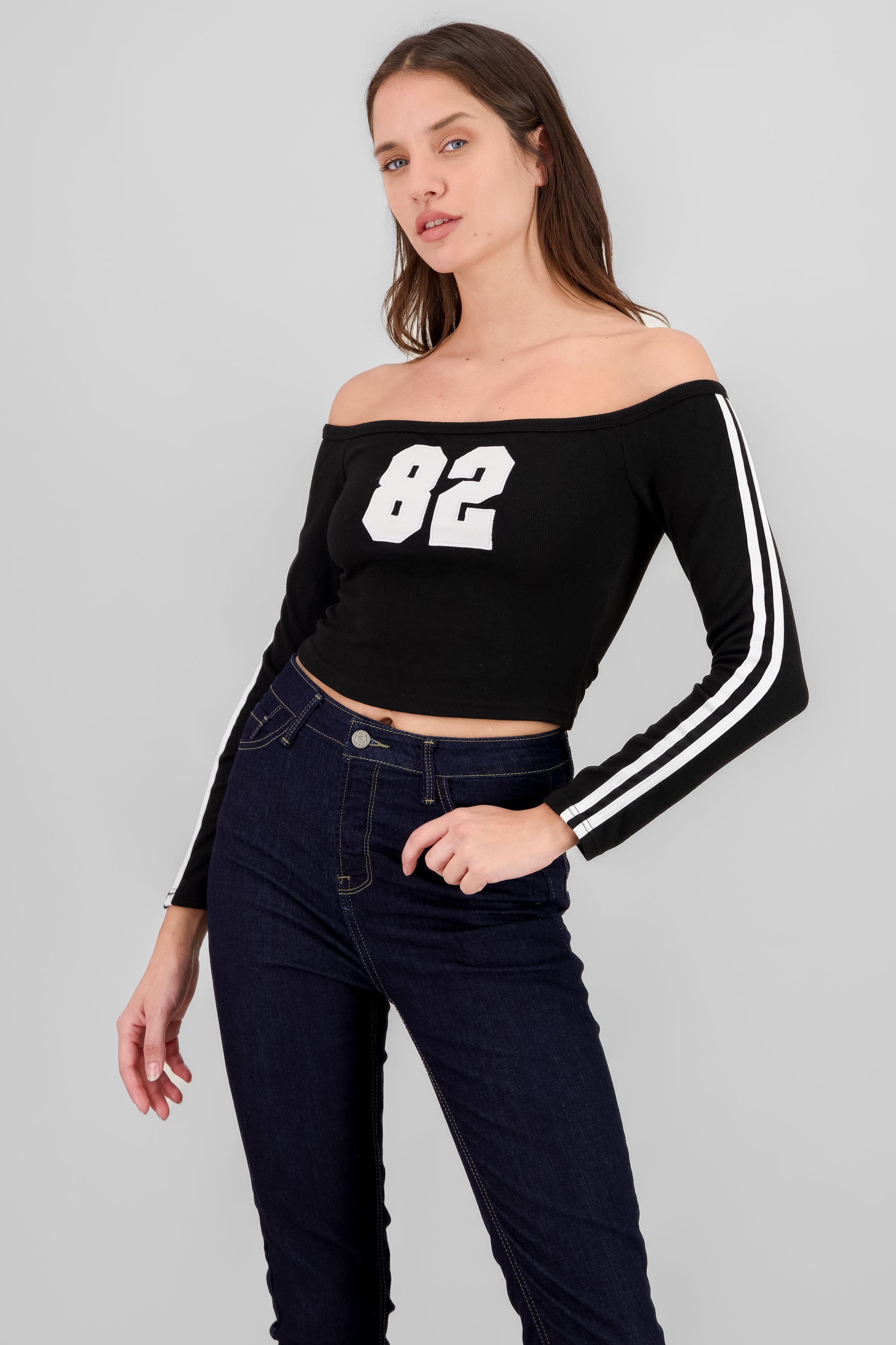 Off Shoulder Ribbed Top BLACK COMBO