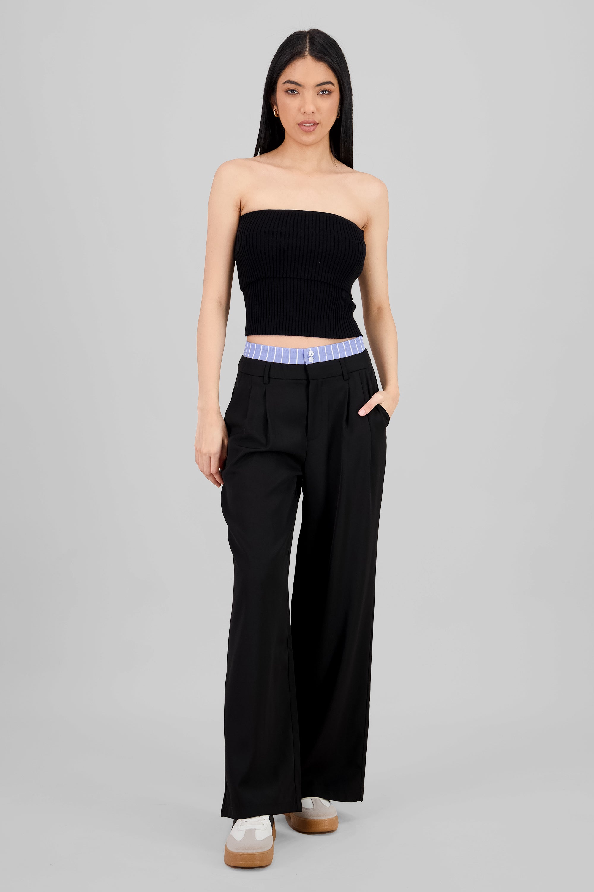 Striped Waistband Pants BLACK COMBO