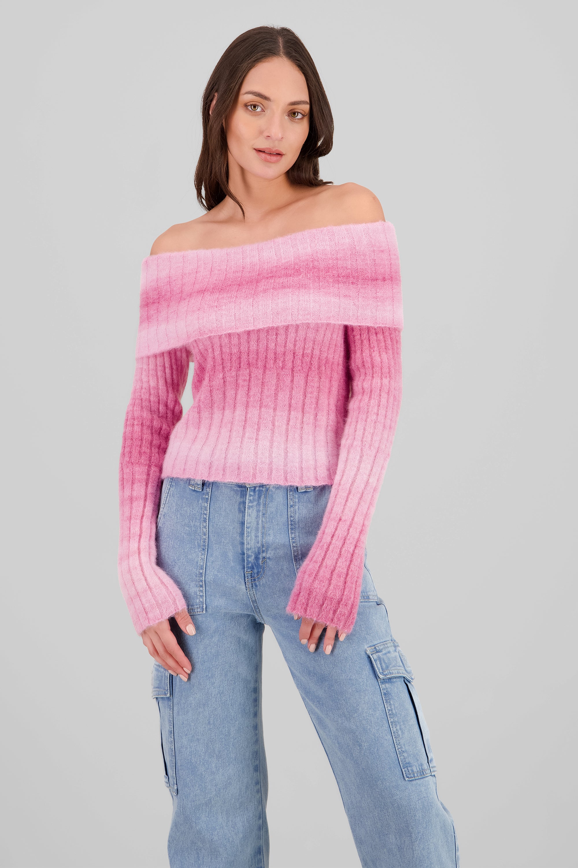 Off Shoulder Gradient Sweater PINK COMBO