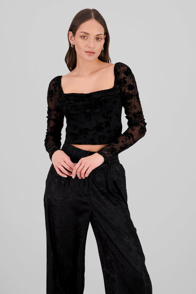 Long Sleeve Flocked Mesh Blouse BLACK