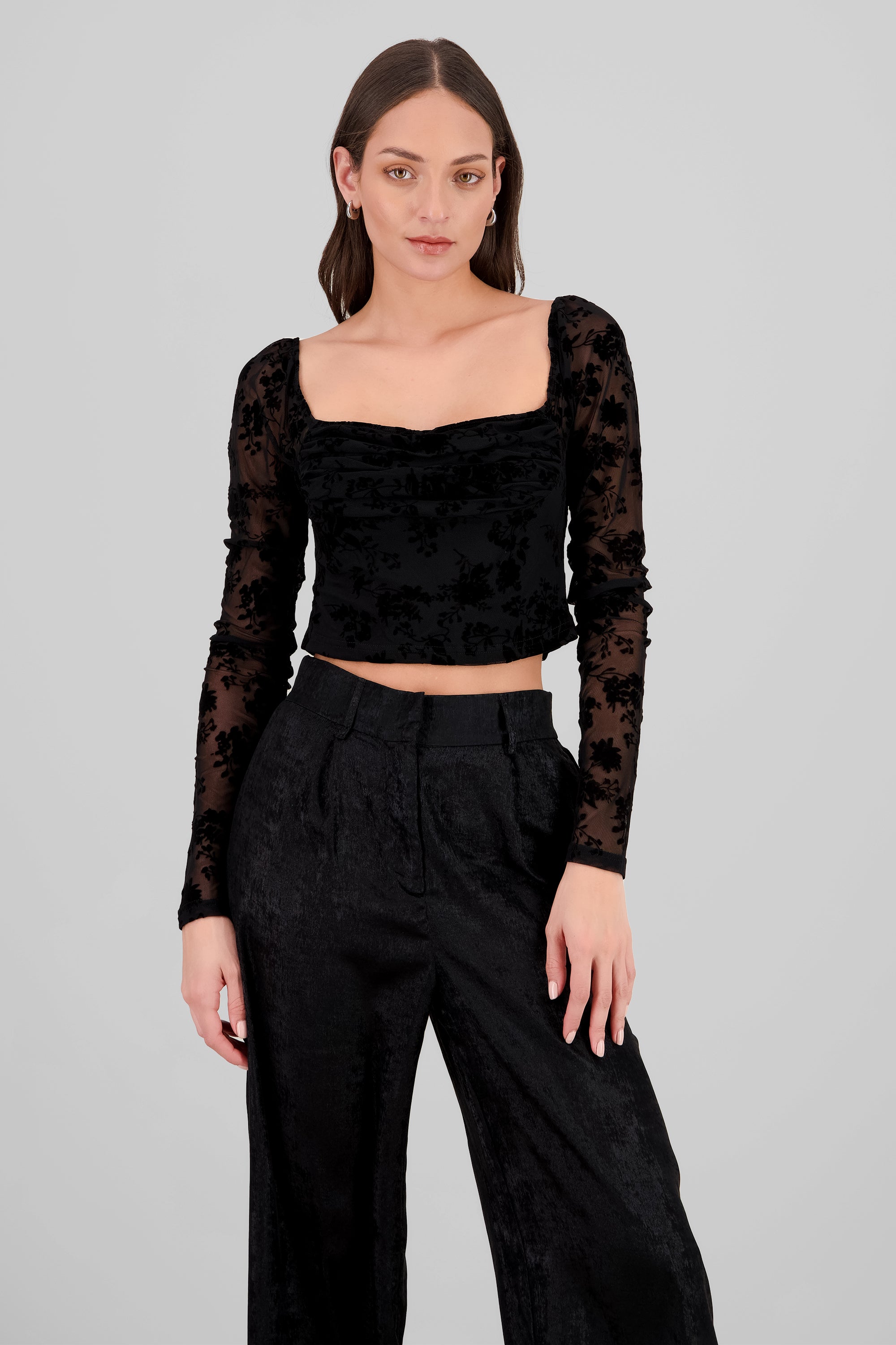 Long Sleeve Flocked Mesh Blouse BLACK