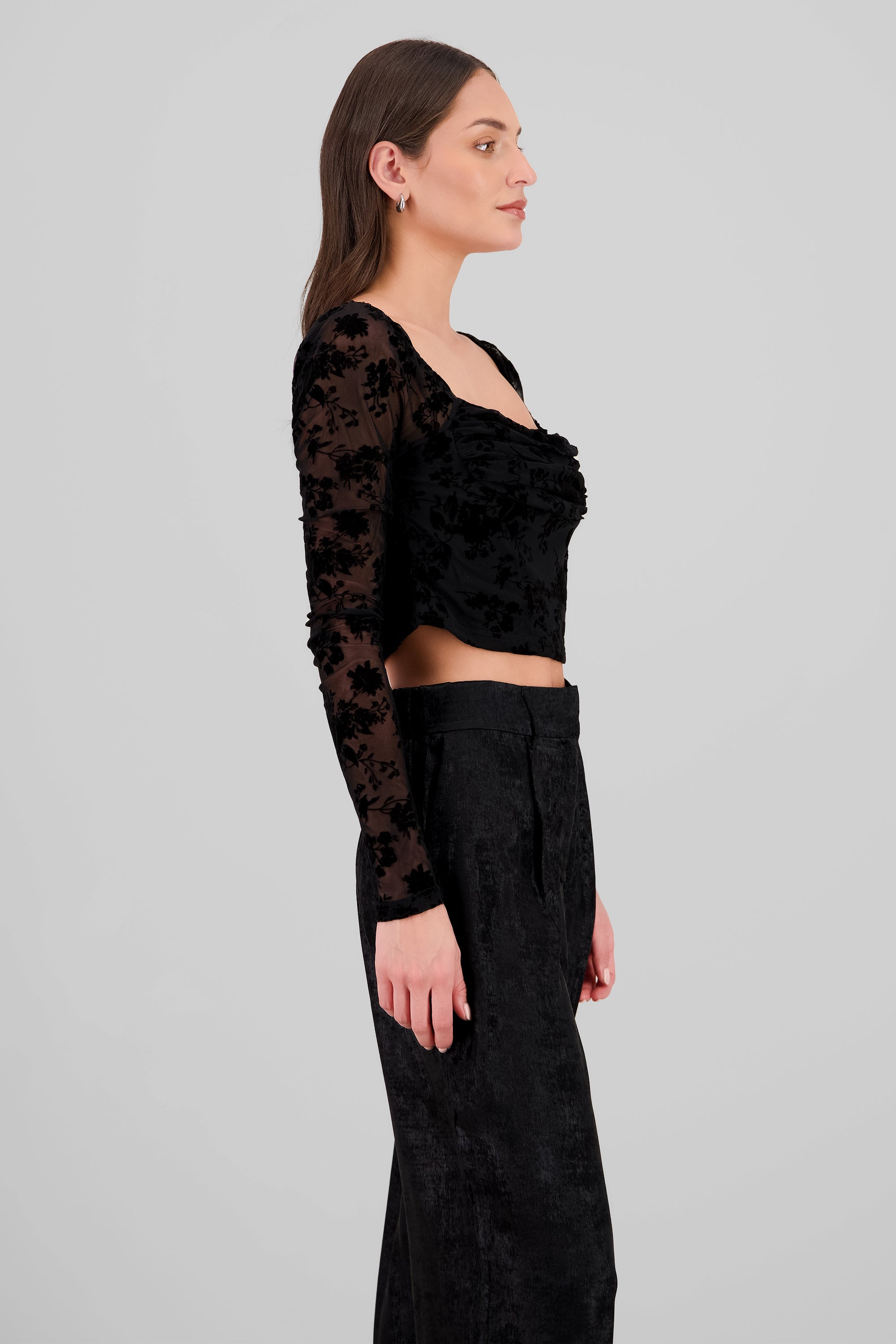 Long Sleeve Flocked Mesh Blouse BLACK