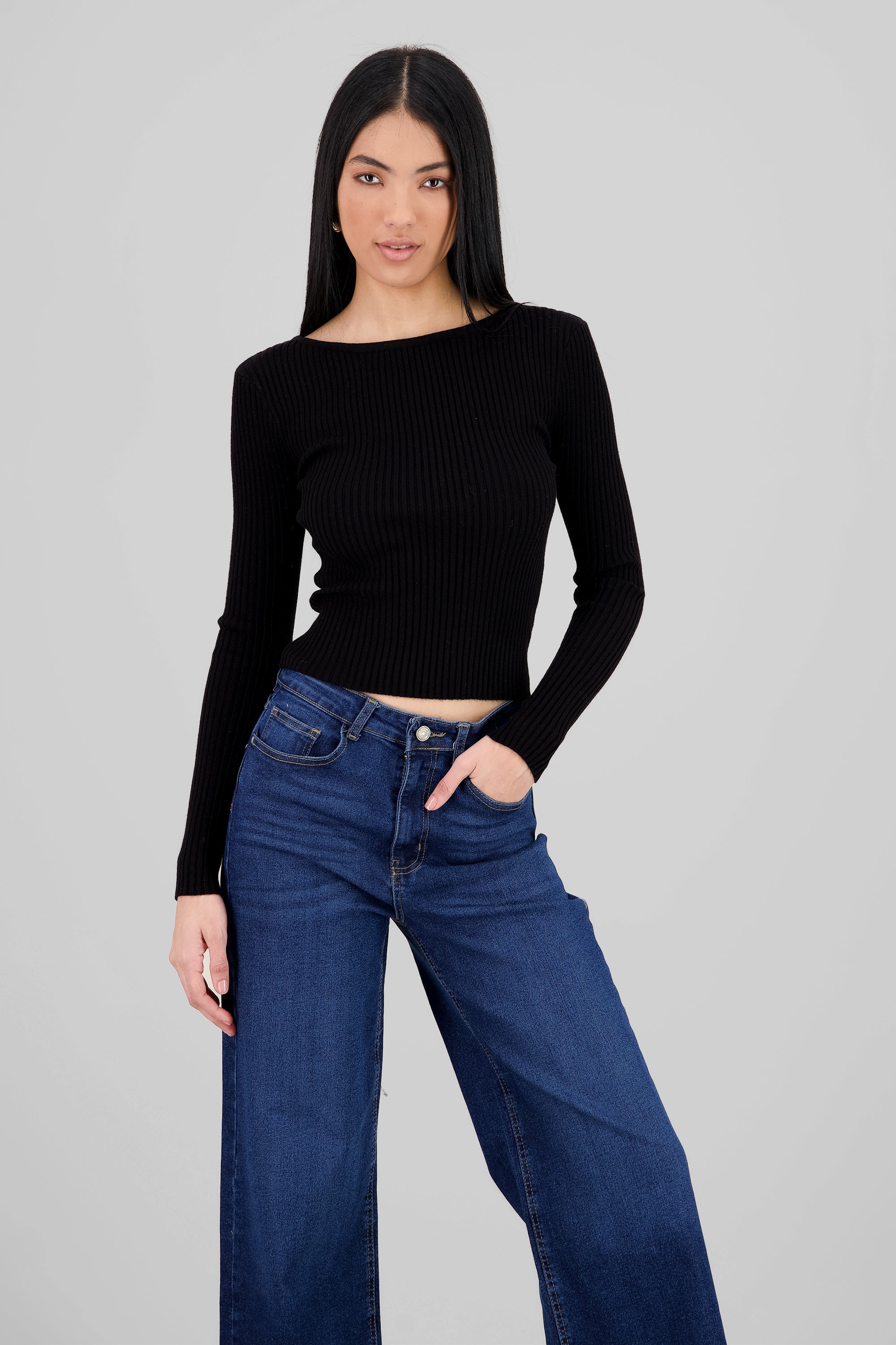 Ribbed Knit Long Sleeve Top BLACK