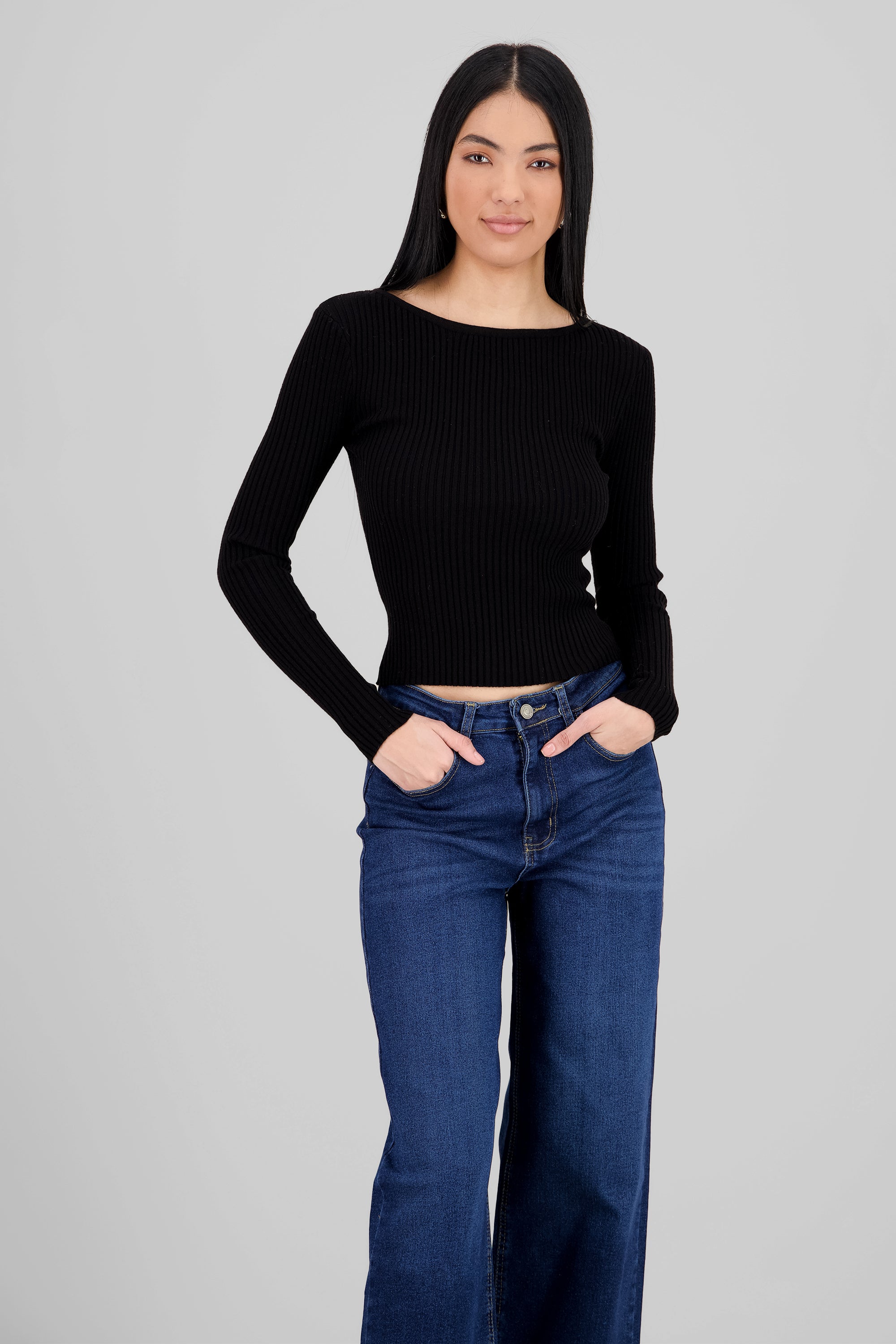 Ribbed Knit Long Sleeve Top BLACK