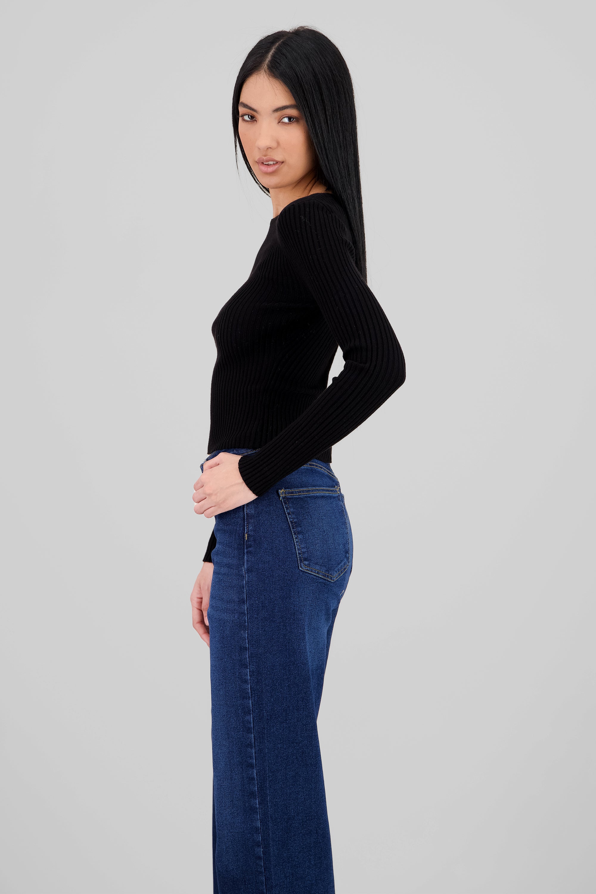 Ribbed Knit Long Sleeve Top BLACK