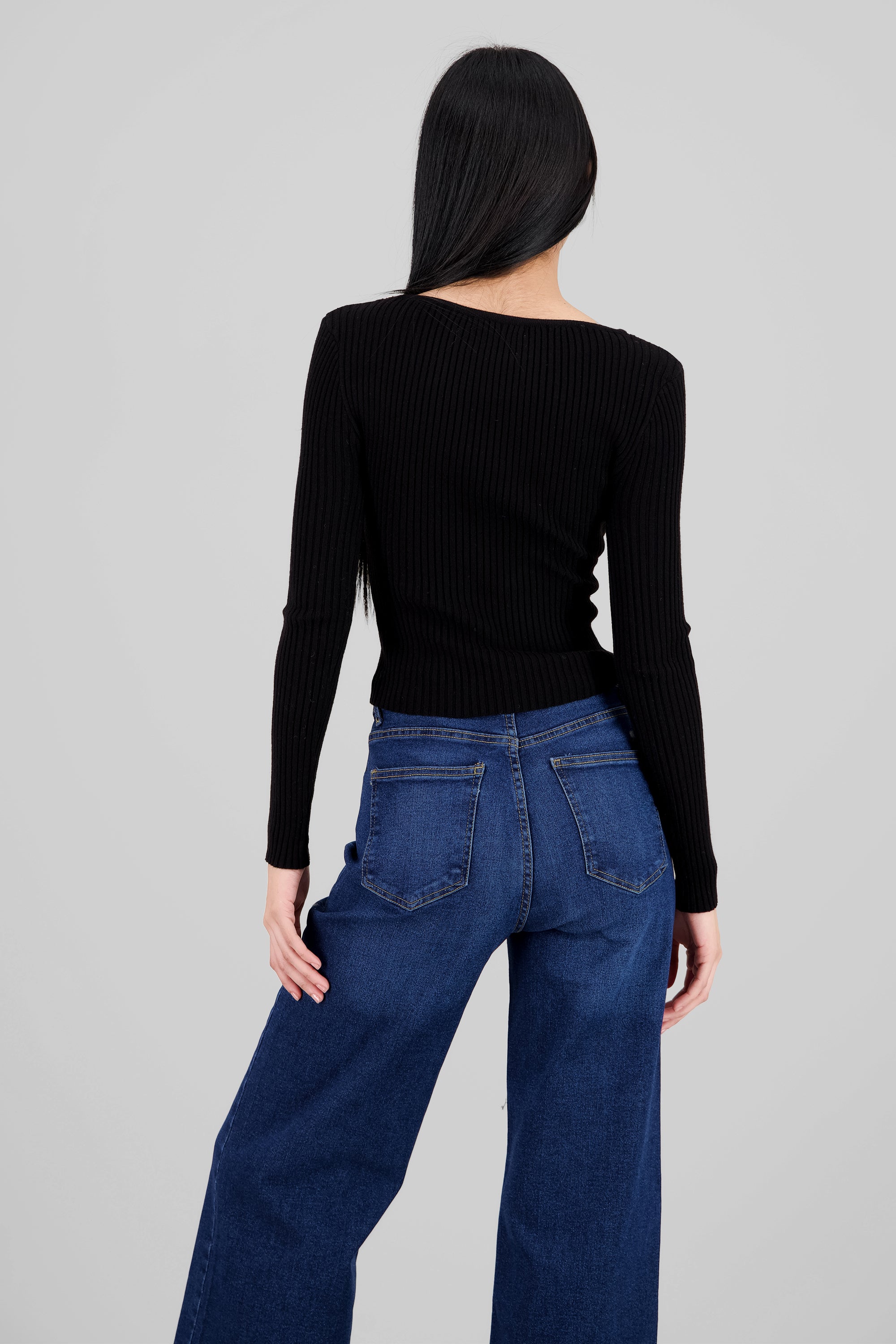 Ribbed Knit Long Sleeve Top BLACK