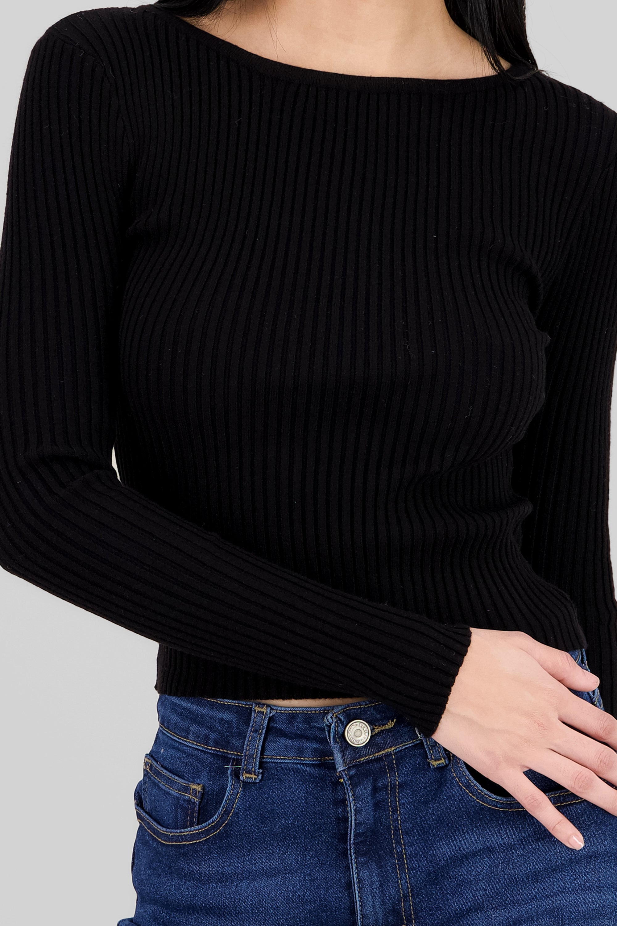 Ribbed Knit Long Sleeve Top BLACK