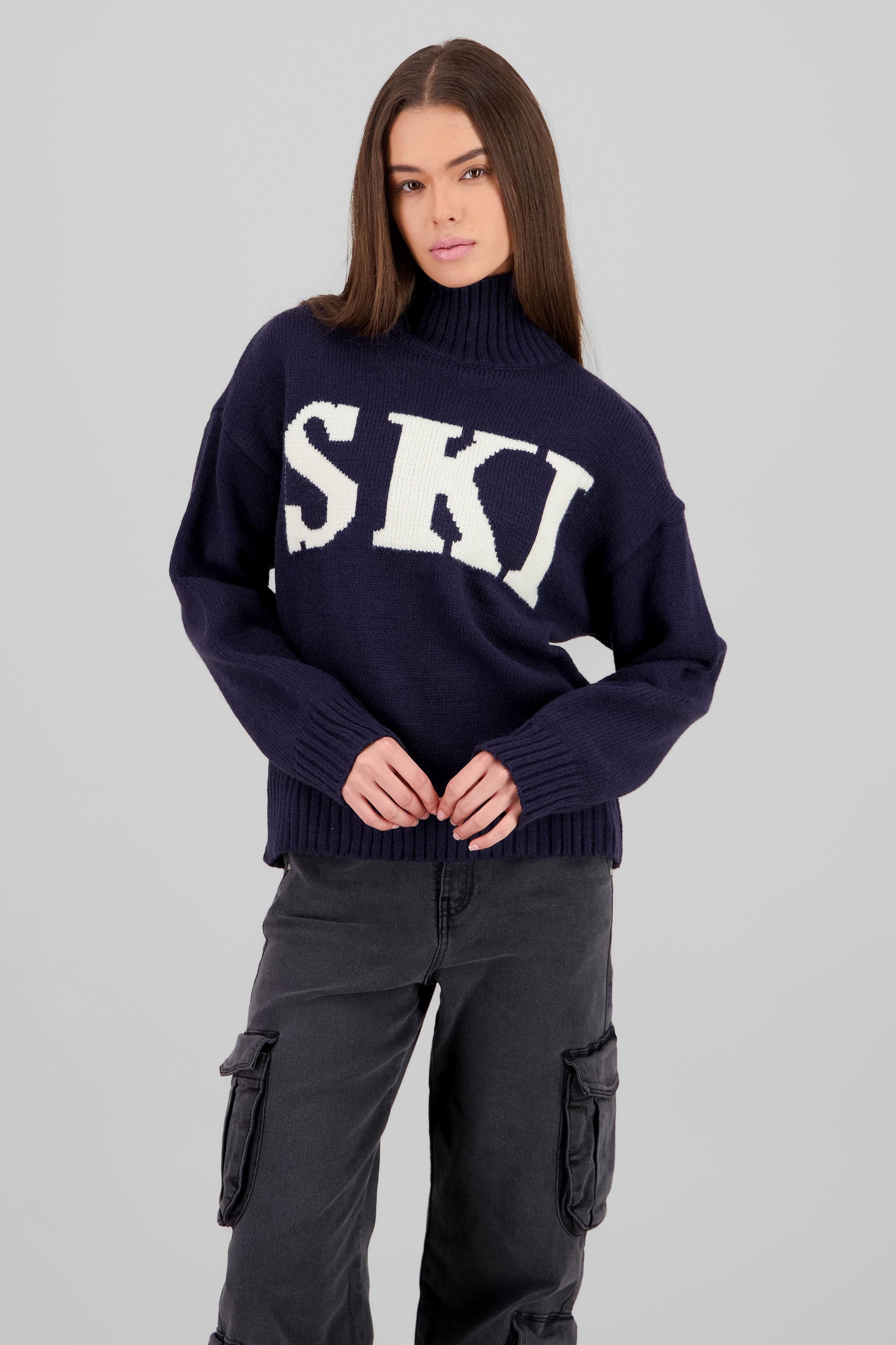 Printed High Neck Knit Sweater NAVY