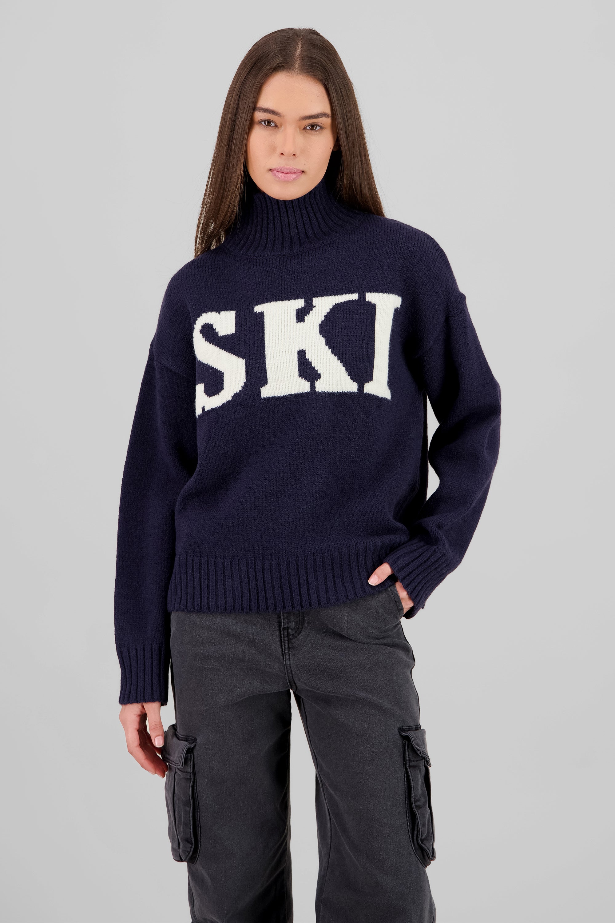 Printed High Neck Knit Sweater NAVY