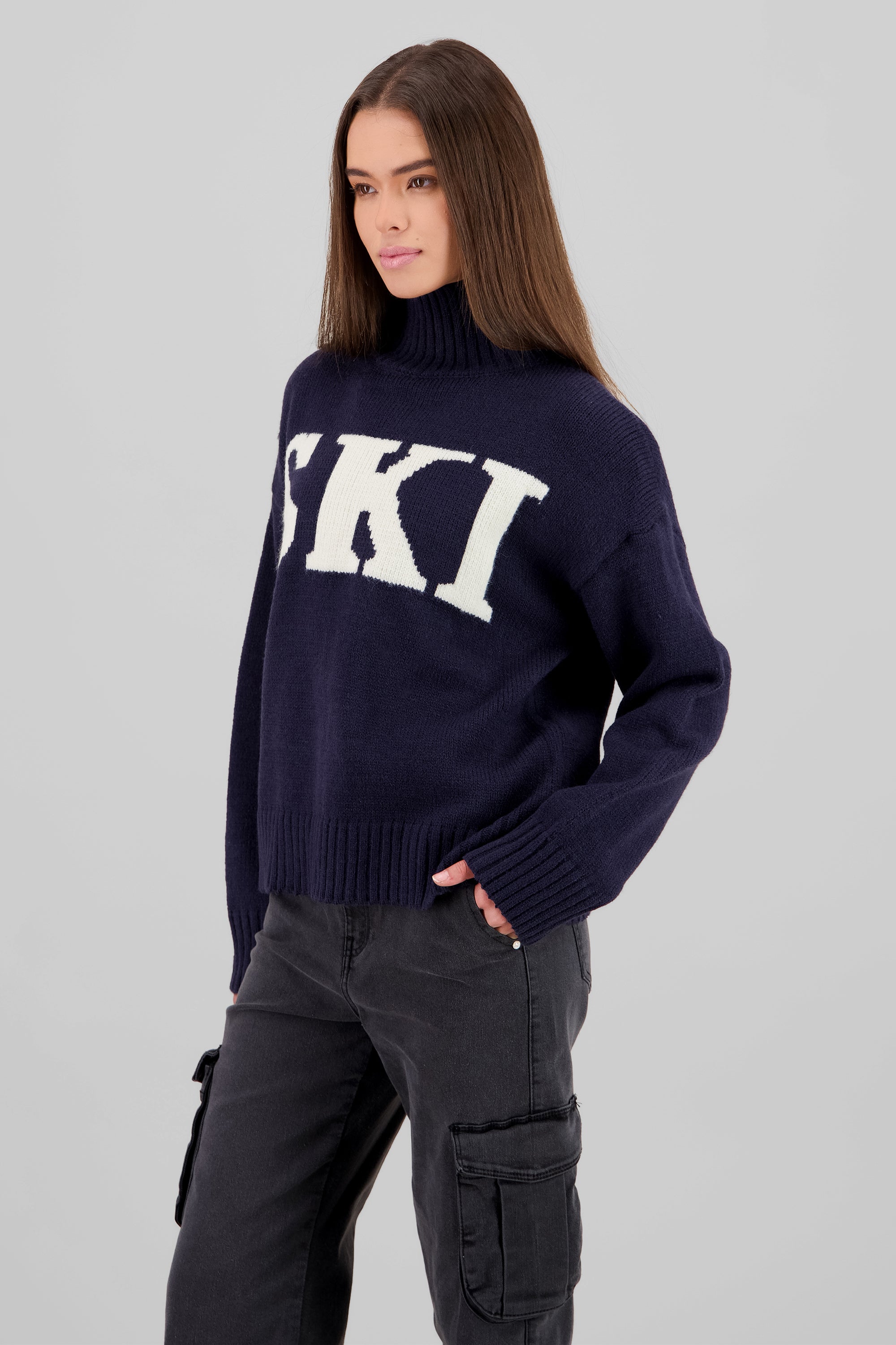 Printed High Neck Knit Sweater NAVY