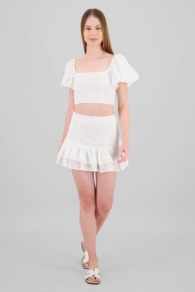 Embroidered Ruffle Skirt WHITE