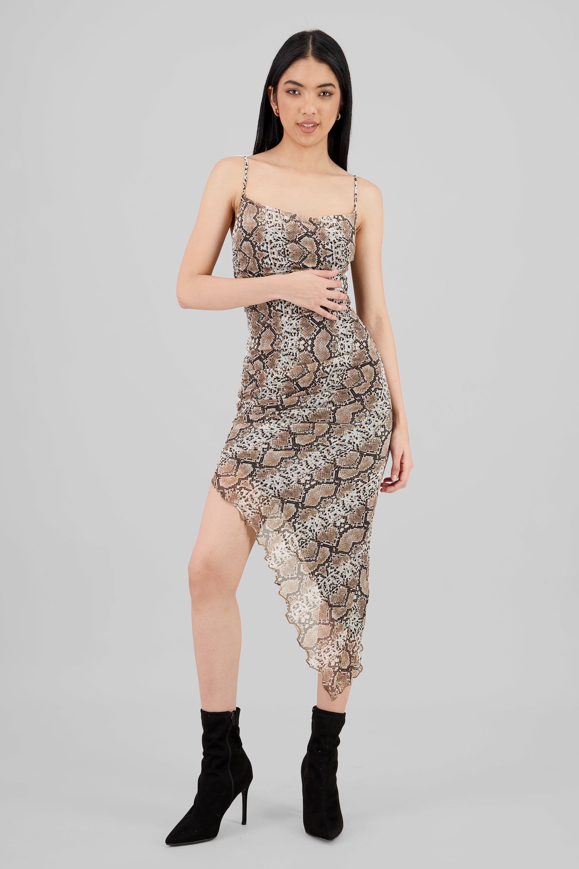 Snake Print Mesh Dress BROWN COMBO