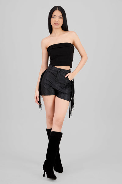 Fringe Faux Leather Shorts BLACK