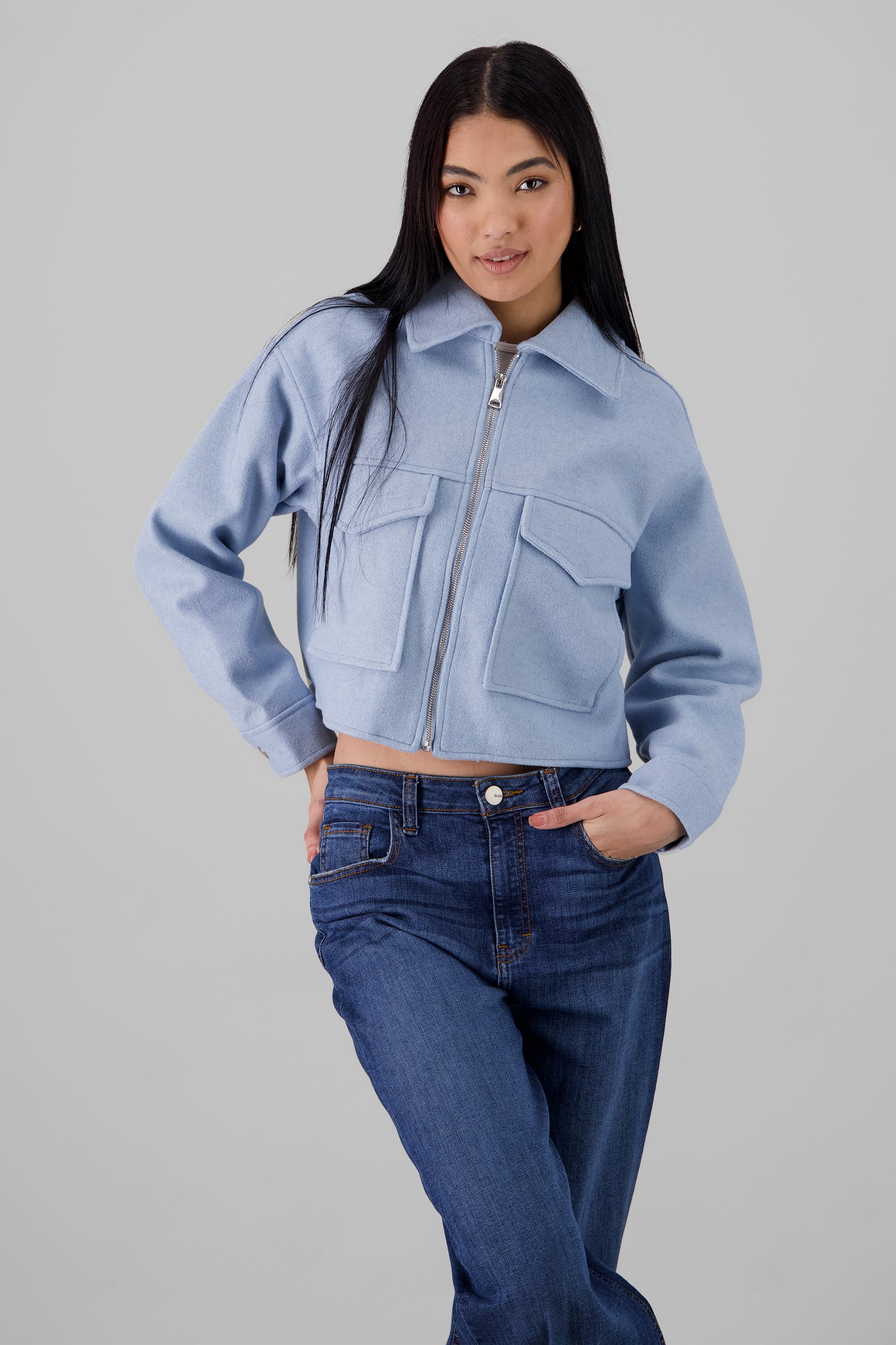 Cropped Jacket with Pockets SKY BLUE