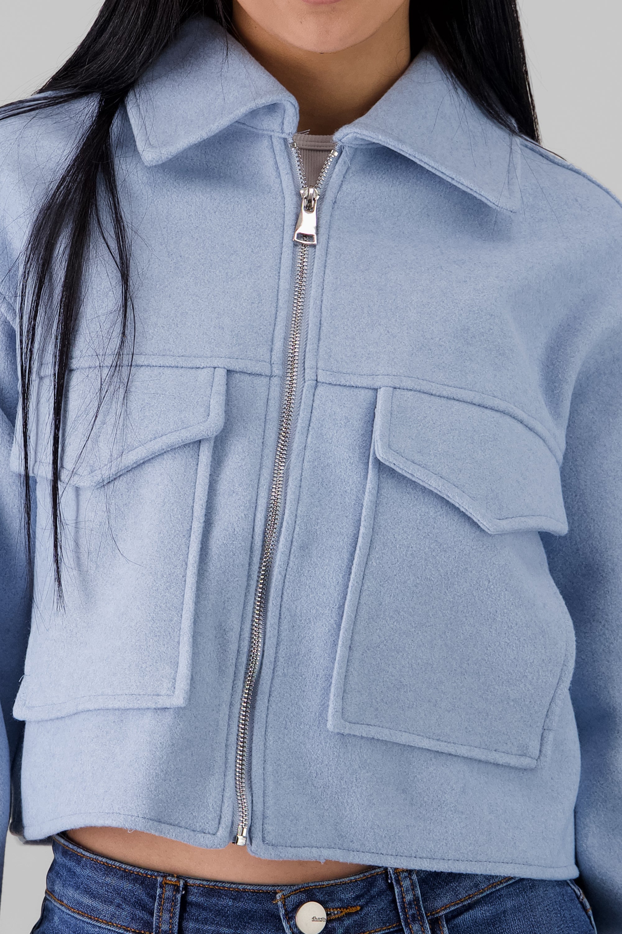 Cropped Jacket with Pockets SKY BLUE