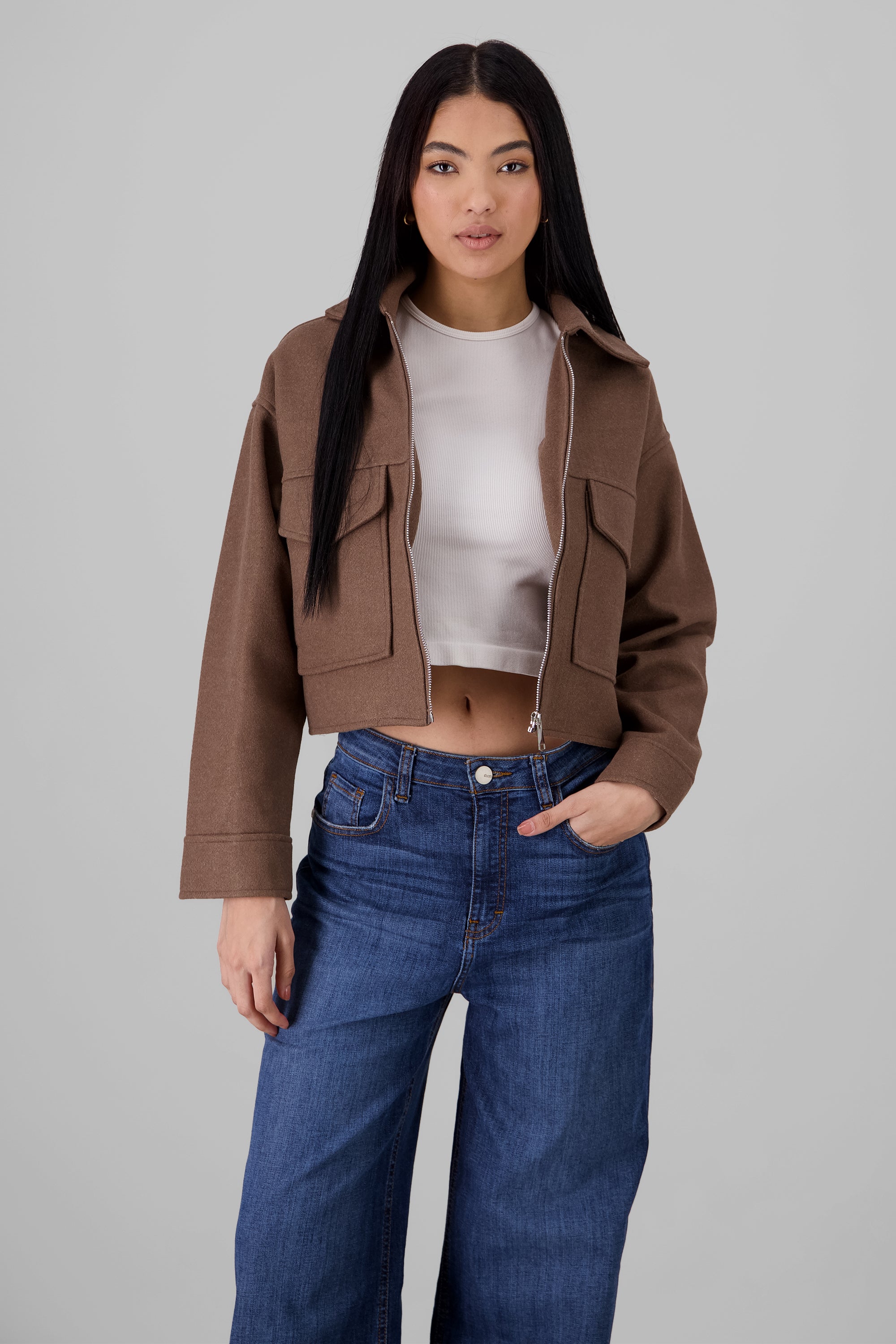 Cropped Jacket with Pockets BROWN