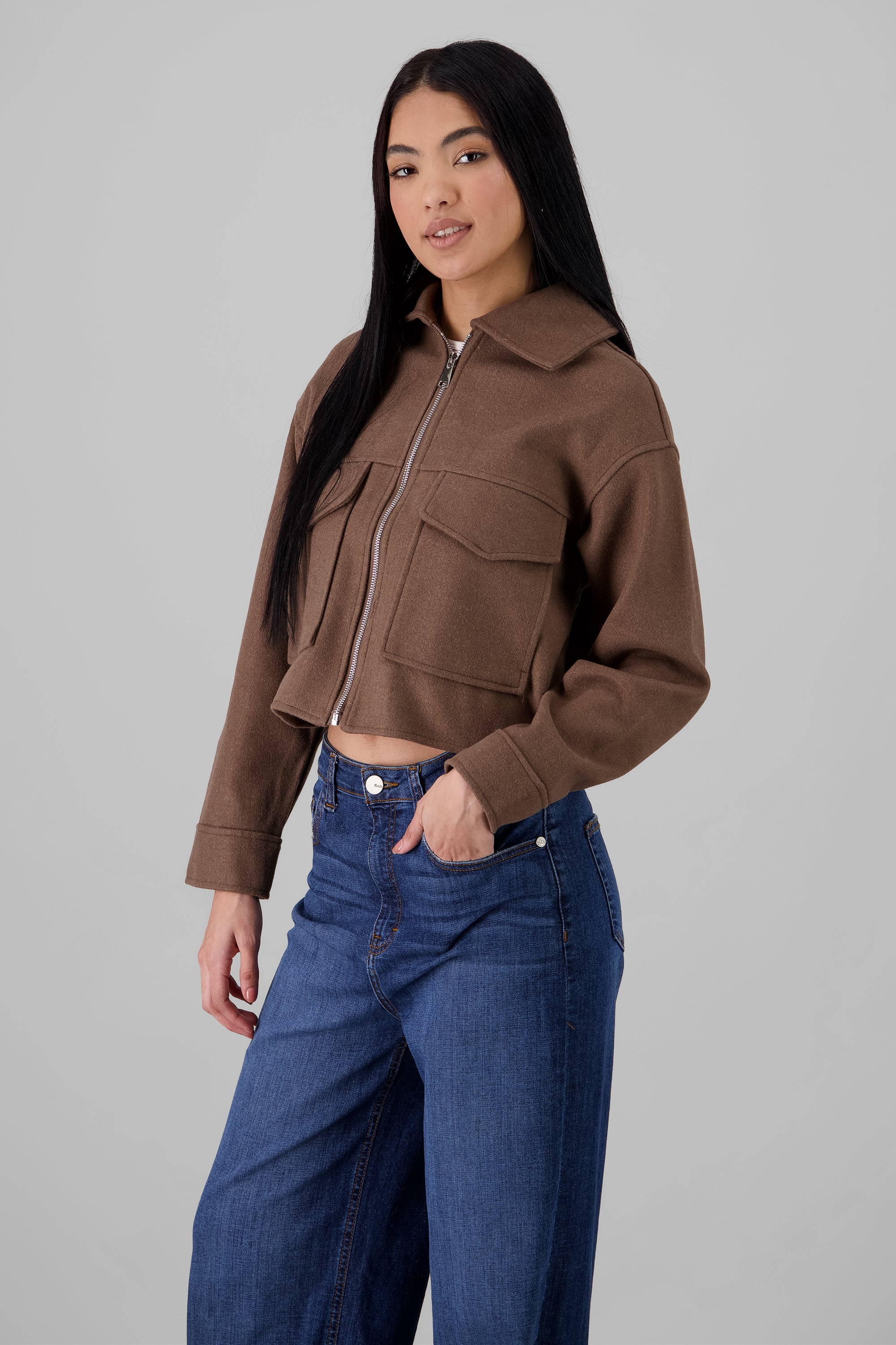 Cropped Jacket with Pockets BROWN