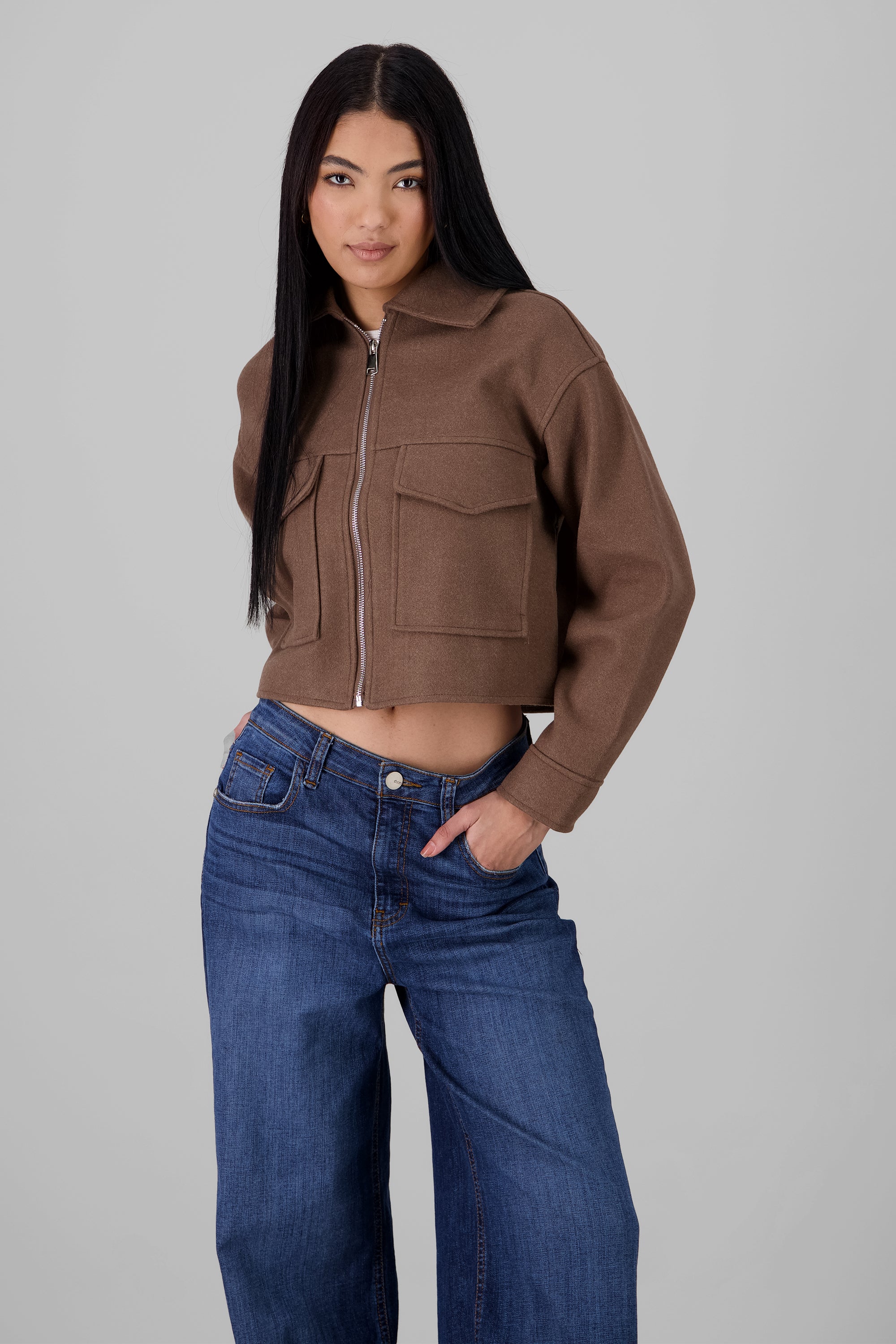 Cropped Jacket with Pockets BROWN