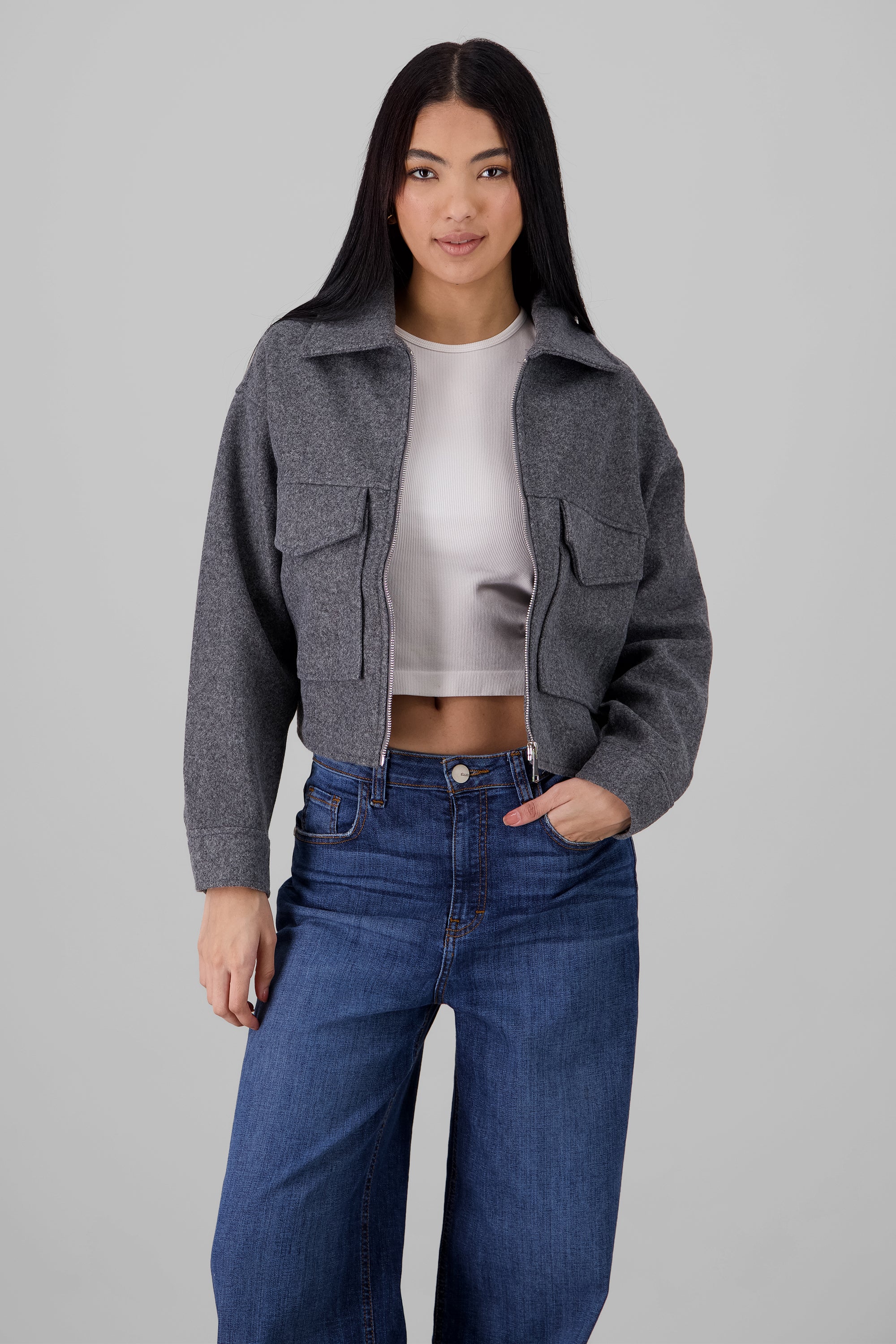 Cropped Jacket with Pockets GRAY