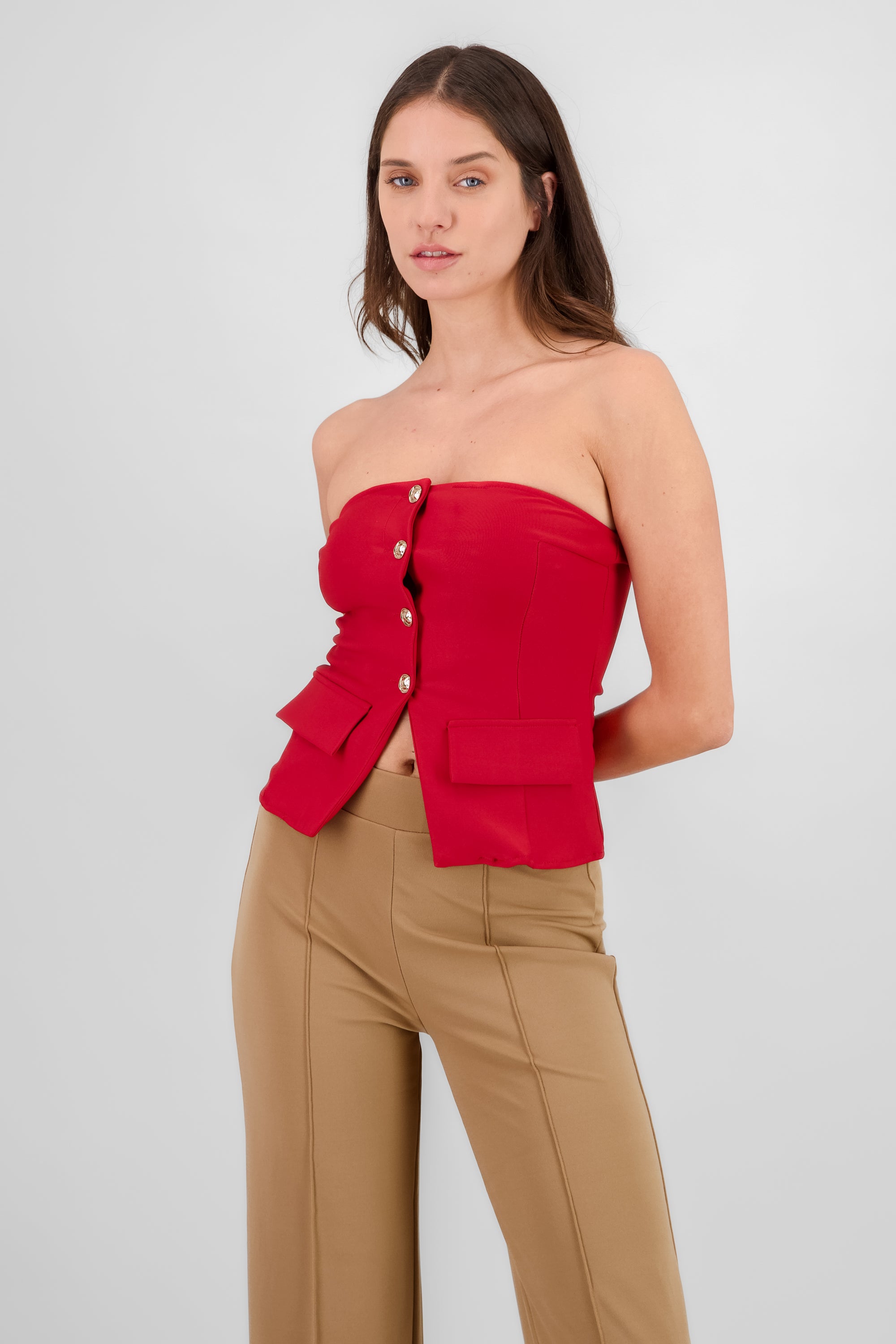 Top with Pockets and Button Accents TOMATO RED