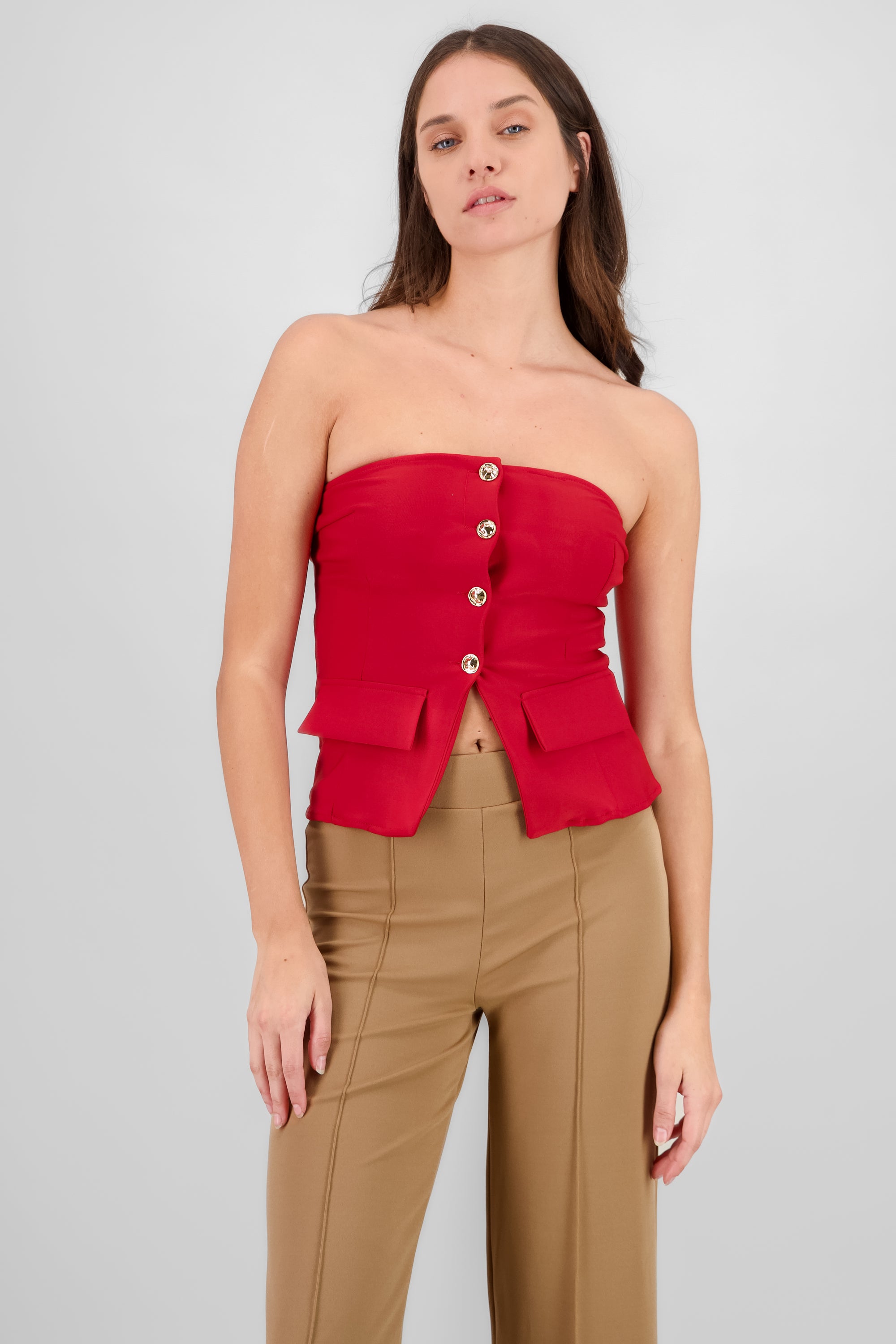 Top with Pockets and Button Accents TOMATO RED