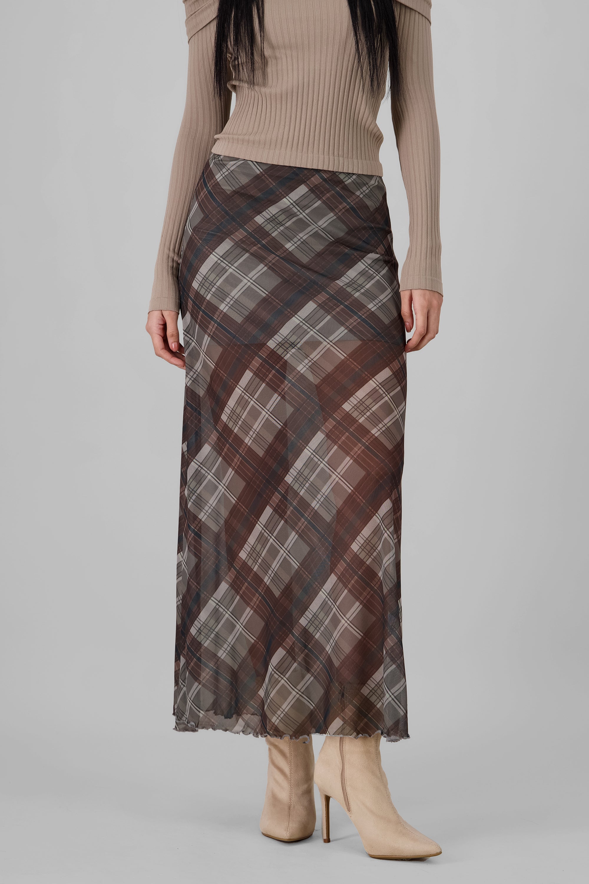 Plaid Midi Skirt GRAY COMBO