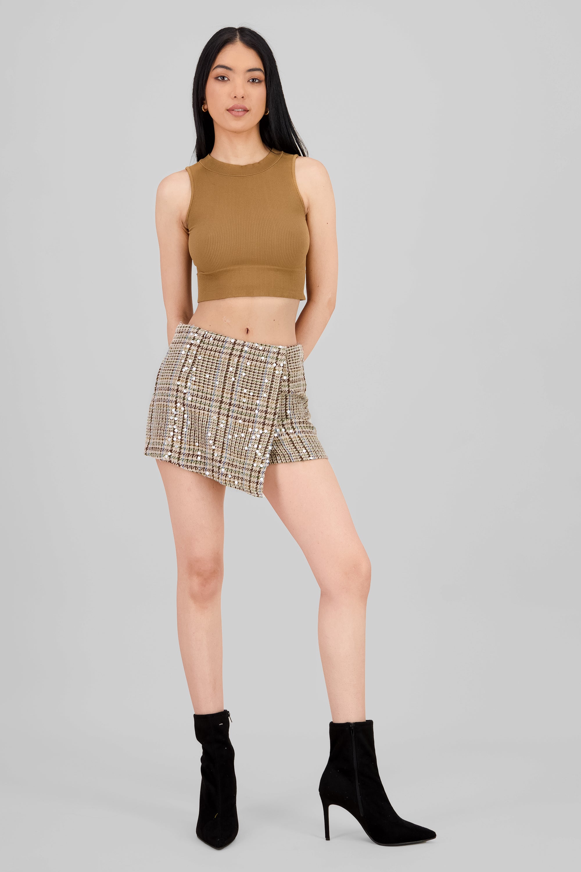 Plaid and Sequined Skort BROWN COMBO