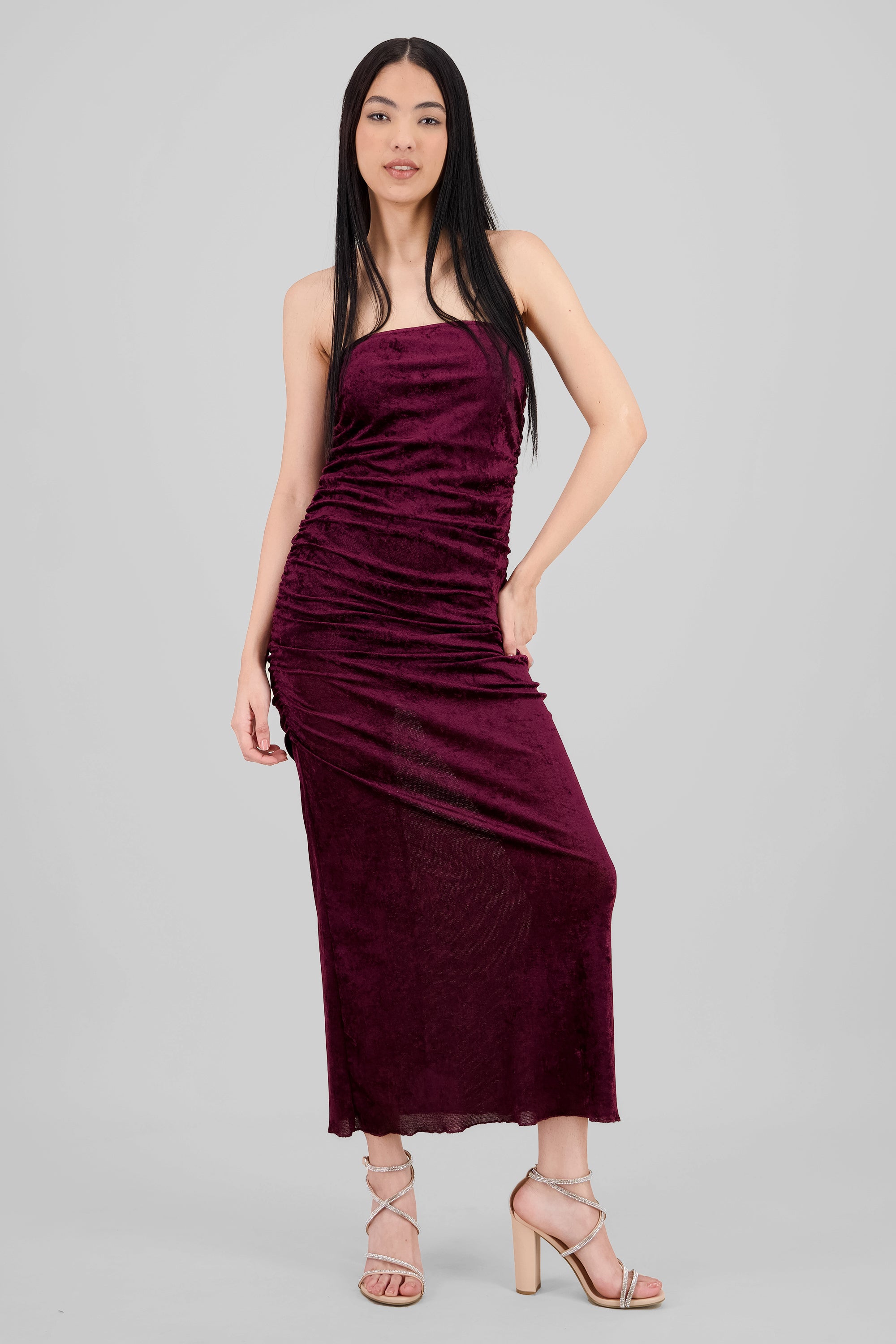 Draped Midi Dress with Texture Detail PLUM