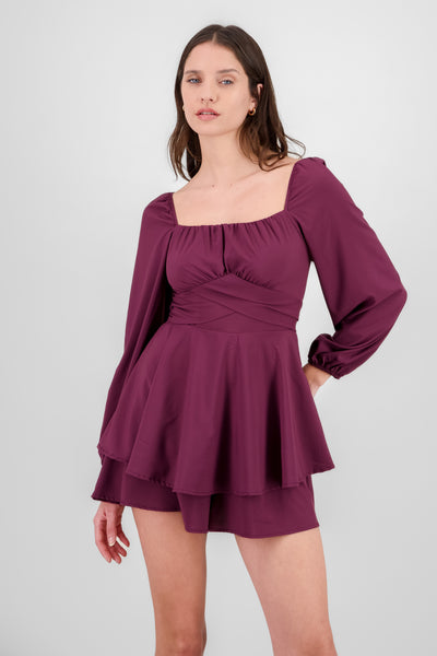 Puff Sleeves Solid Romper PLUM