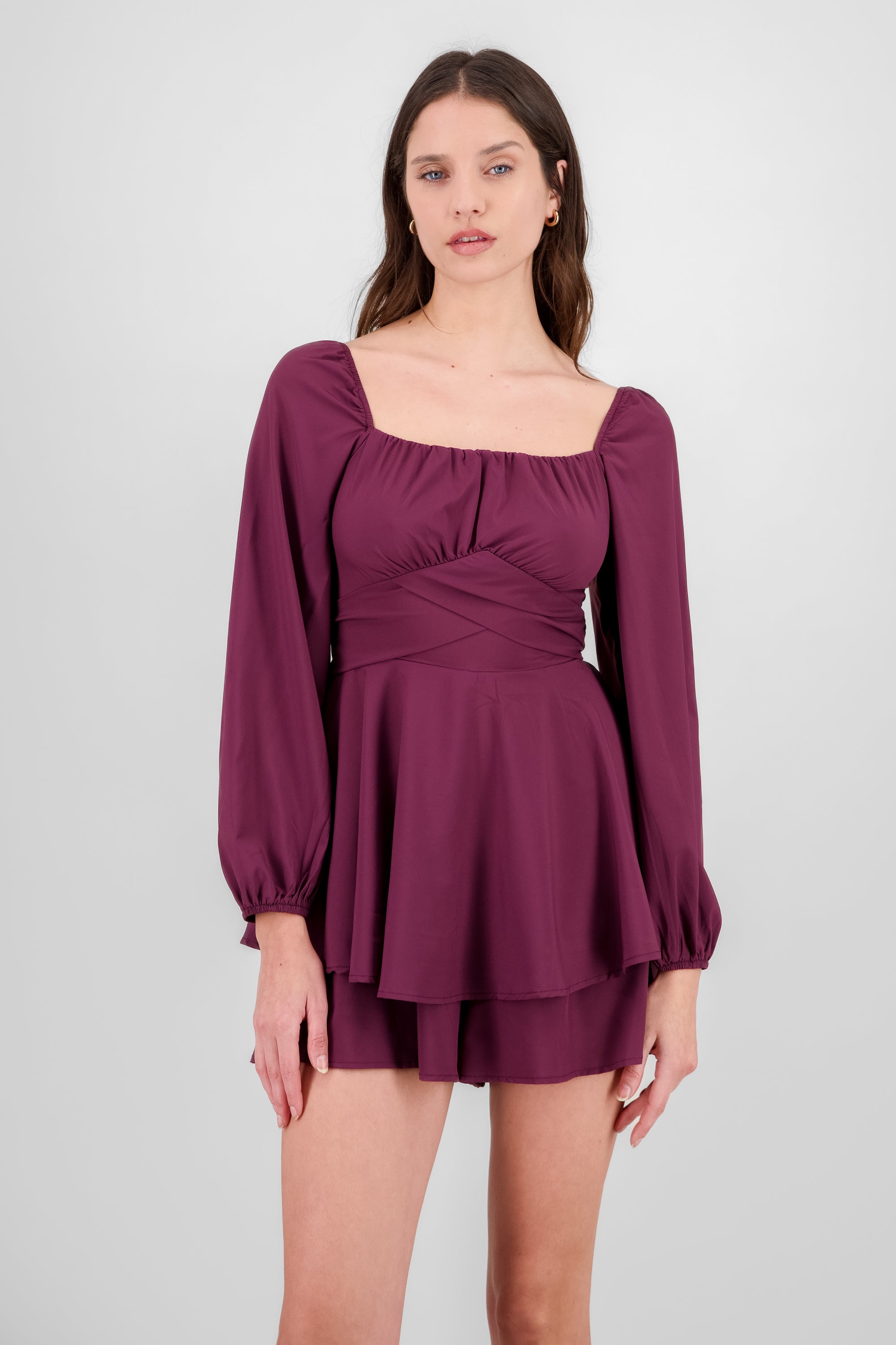 Puff Sleeves Solid Romper PLUM