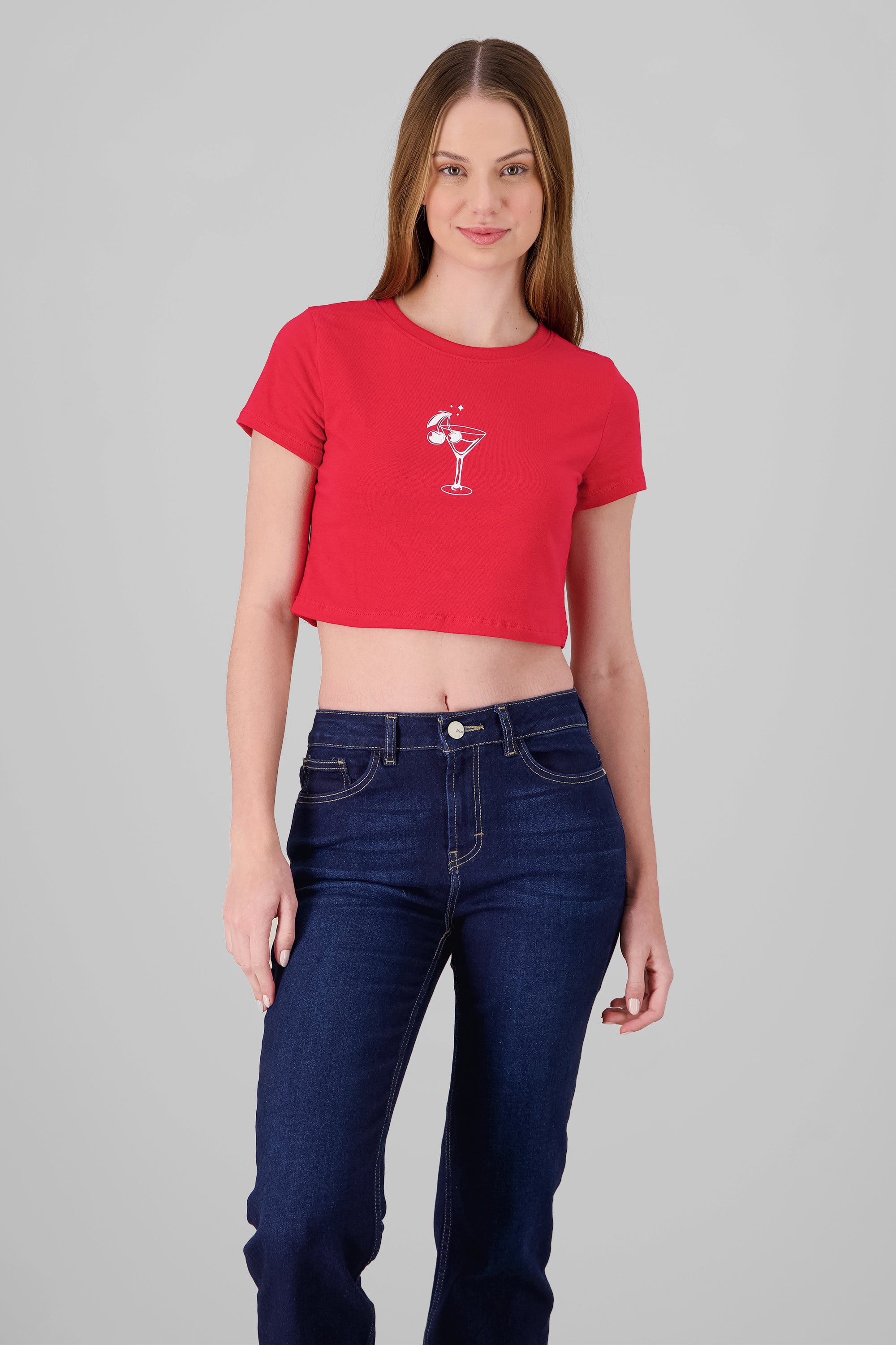 Cropped Cherry Print T Shirt RED