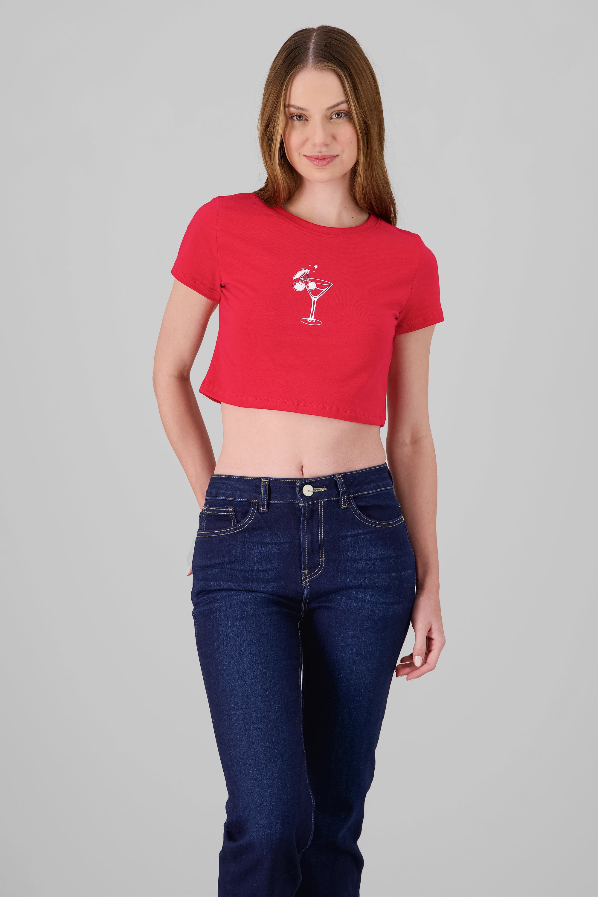 Cropped Cherry Print T Shirt RED