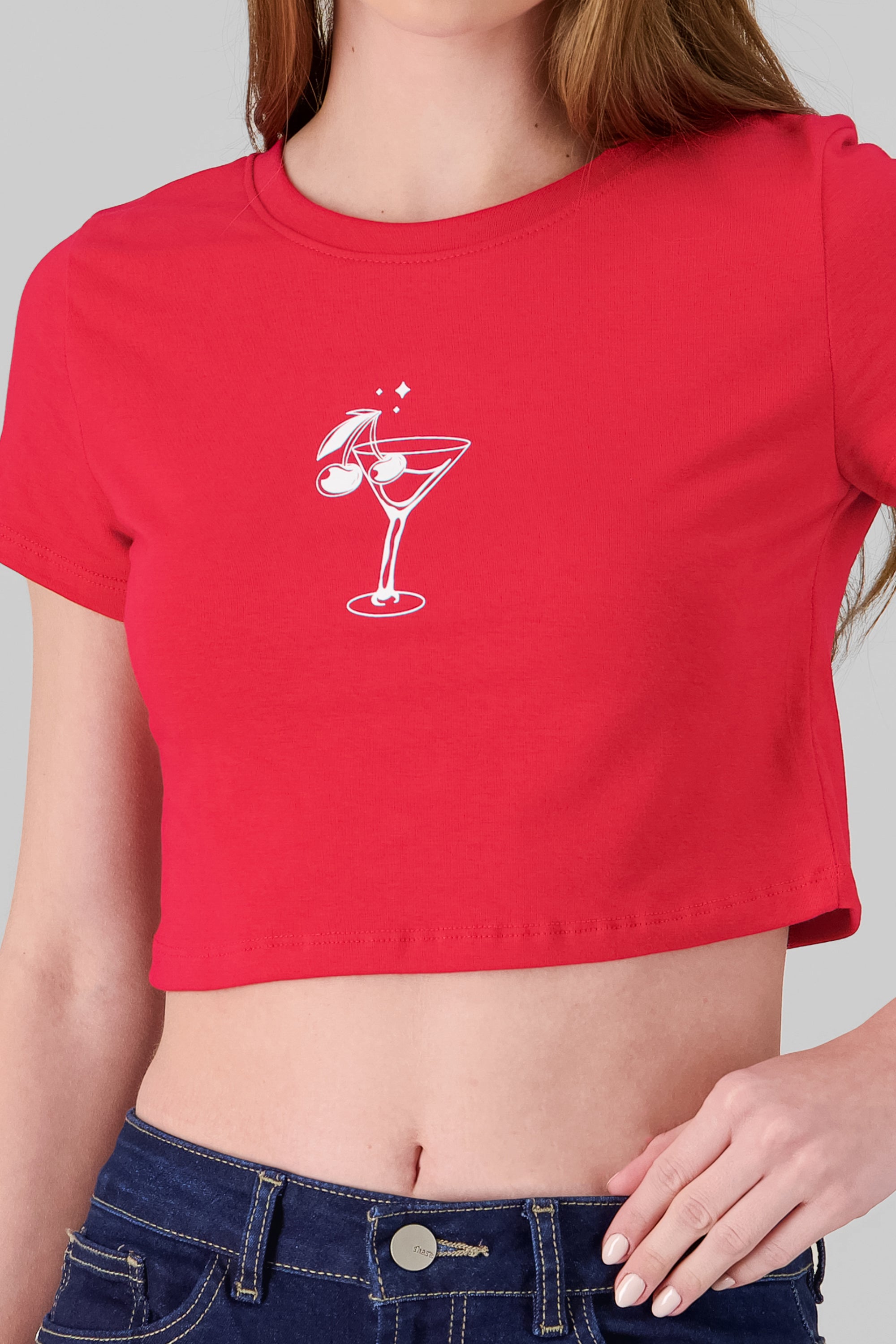 Cropped Cherry Print T Shirt RED