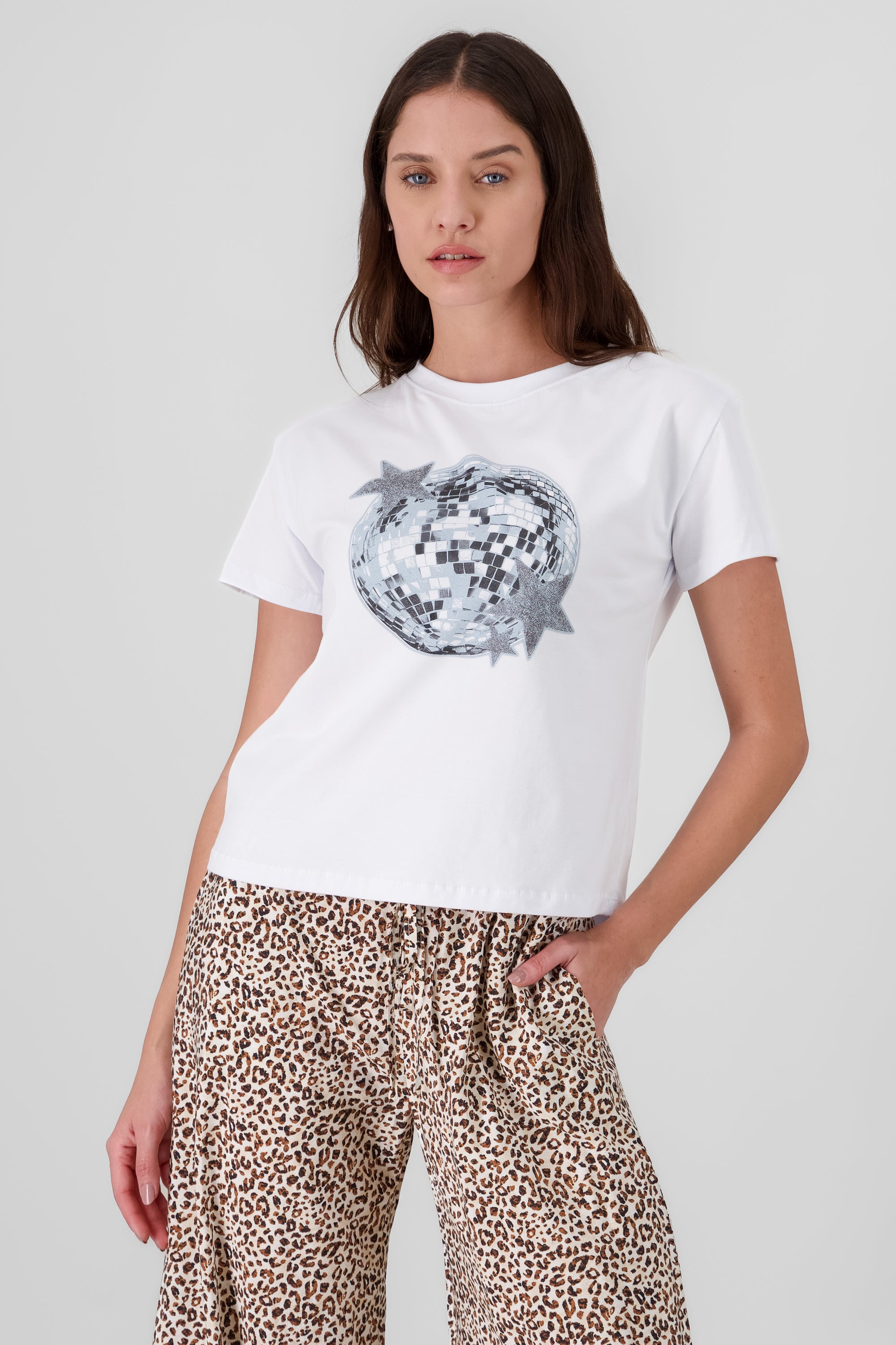 Disco Ball Print Short Sleeve T Shirt WHITE